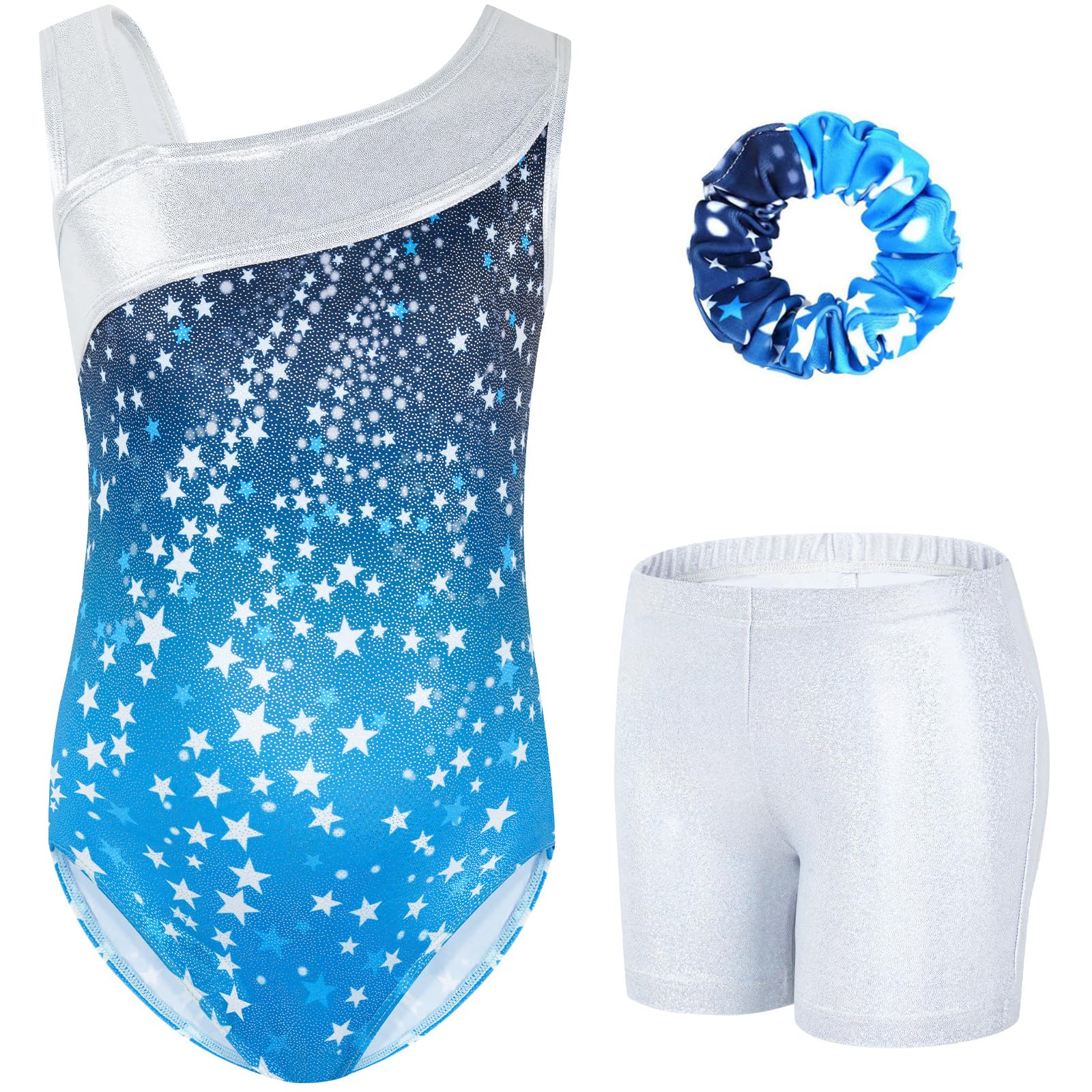 Gogokids Conjunto de gimnasia de tres piezas para niña, cuello en Y, sin mangas, con pantalones cortos y diadema, traje de gimnasia con diseño de bloques de color azul y morado, 3-12 años — view 36