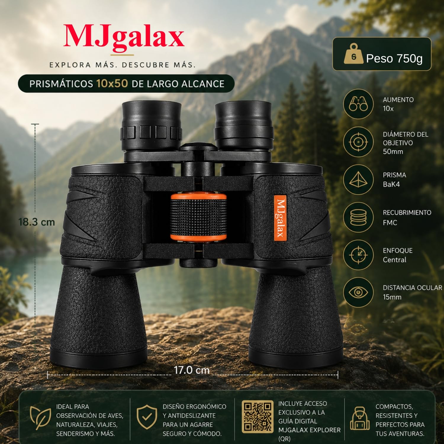 Prismaticos Profesionales Largo Alcance, Binoculares Potentes 10x50 - Prismas BAK-4 y Lentes FMC, Incluye Guía de Paisajes, Aves y Animales Silvestres de España y Adaptador para Smartphone.