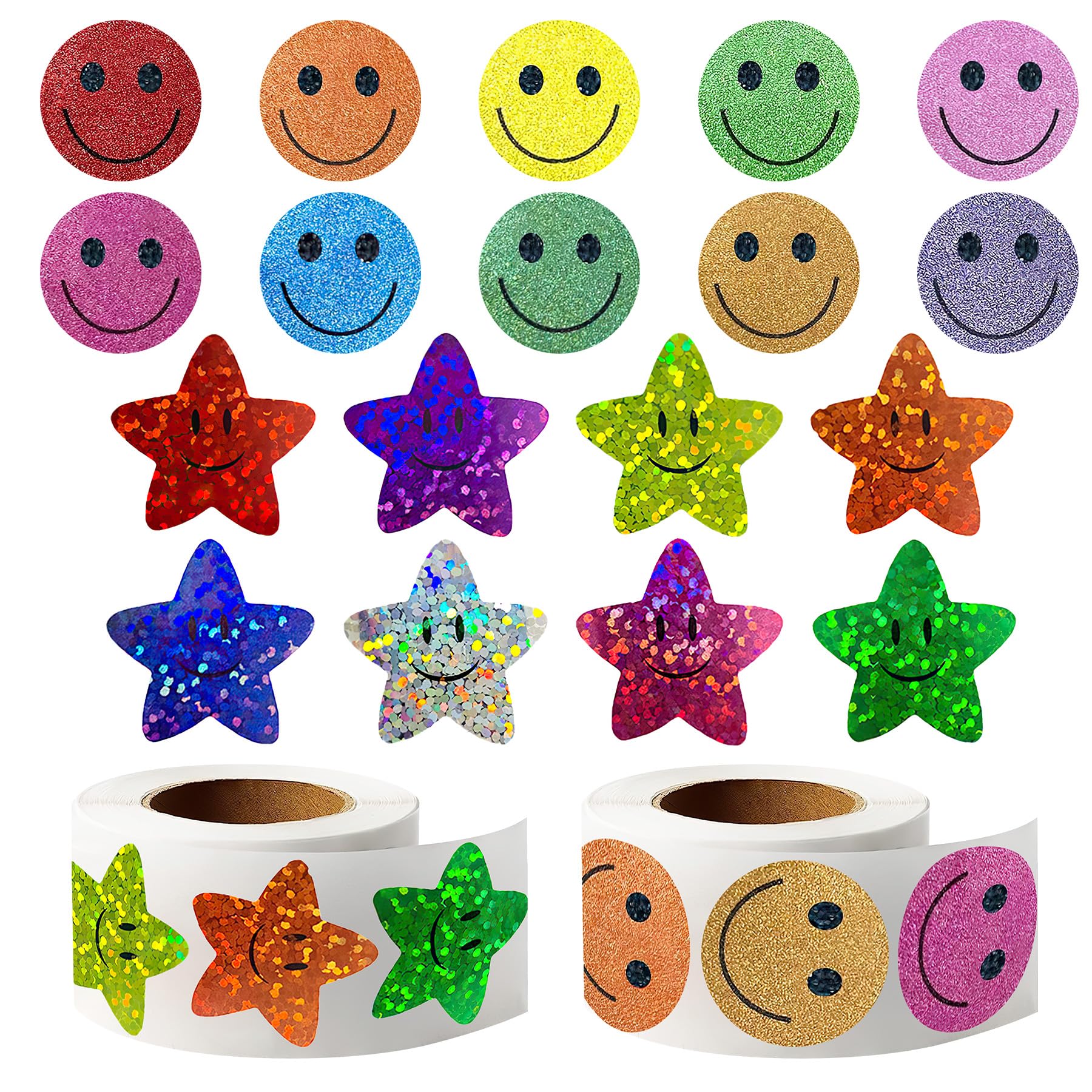 RAORAOYUE 1000 Pcs Multicolor Smiley Face & Star Stickers, Glitter Reward Stickers for Kids Teachers & Parties, Indoor Use