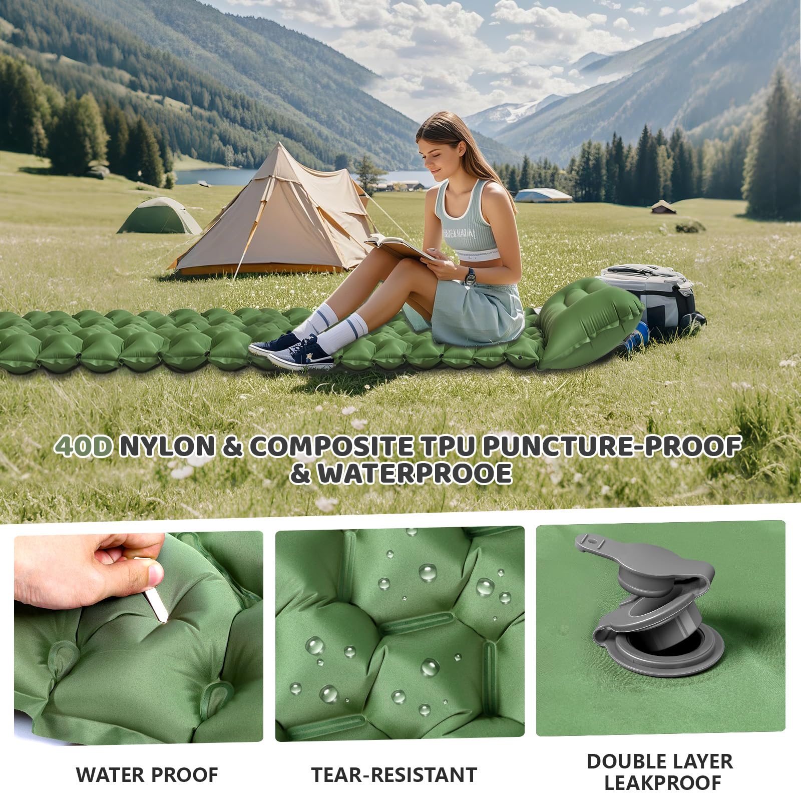 Colchoneta inflable ultraligera para dormir para camping, almohadilla de dormir autoinflable con bomba de pie integrada, colchón de aire duradero e impermeable para aventuras de camping y