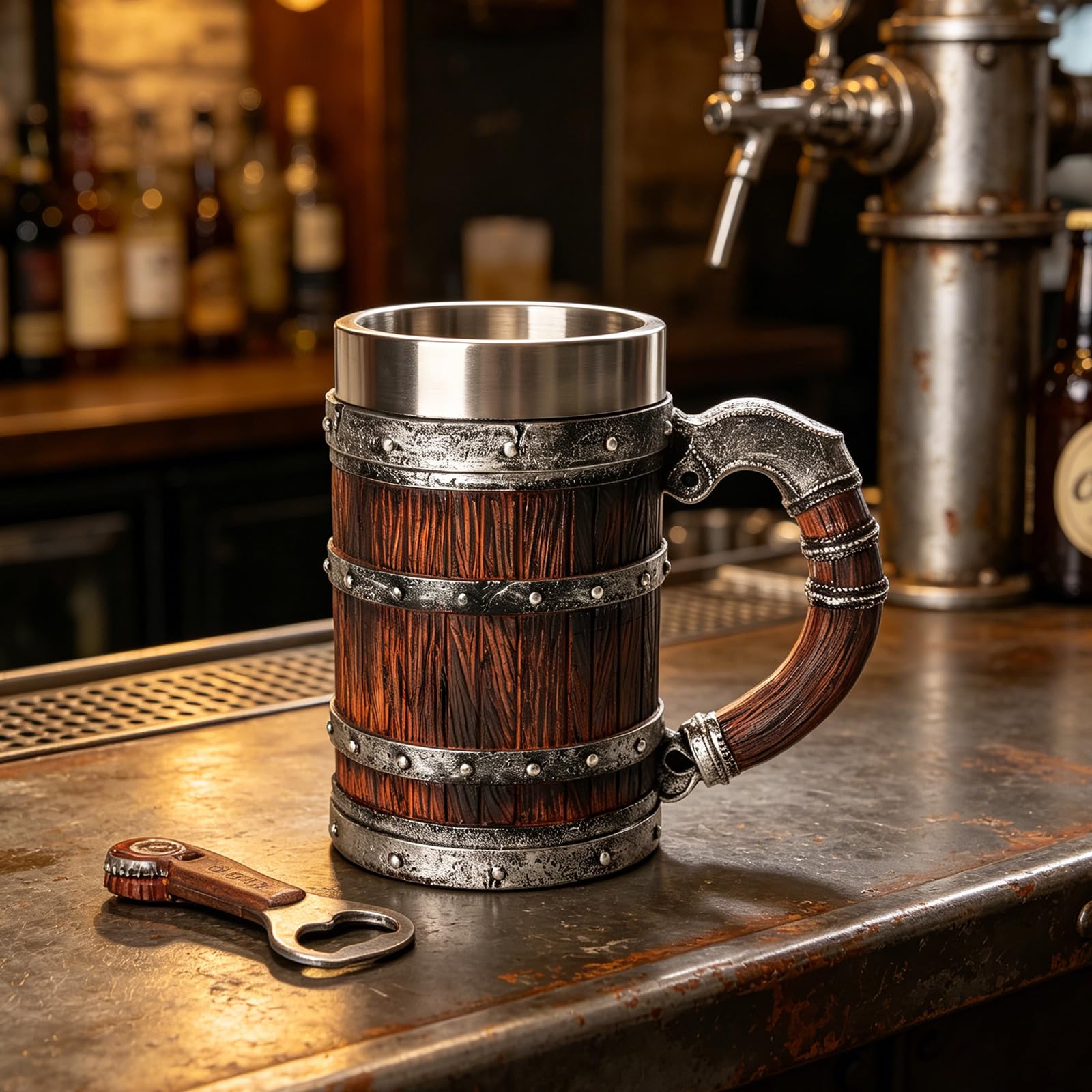 Generisch Chope à bière en bois avec isolation à double paroi, grande capacité, tasse en résine, gobelet intérieur en acier inoxydable pour boissons chaudes et froides, gobelet historique