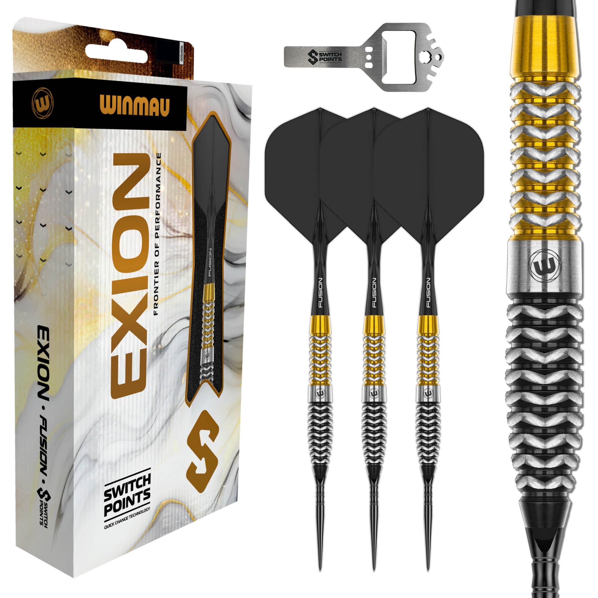 WINMAU Darts - Exion 23g Steel Tip Dart Set | Professional 90% Tungsten Darts Set | Switch Point Tech | Onyx & Gold Torpedo Barrels | 2x Interchangeable Points (Wave/Smooth) Rapid-Change System