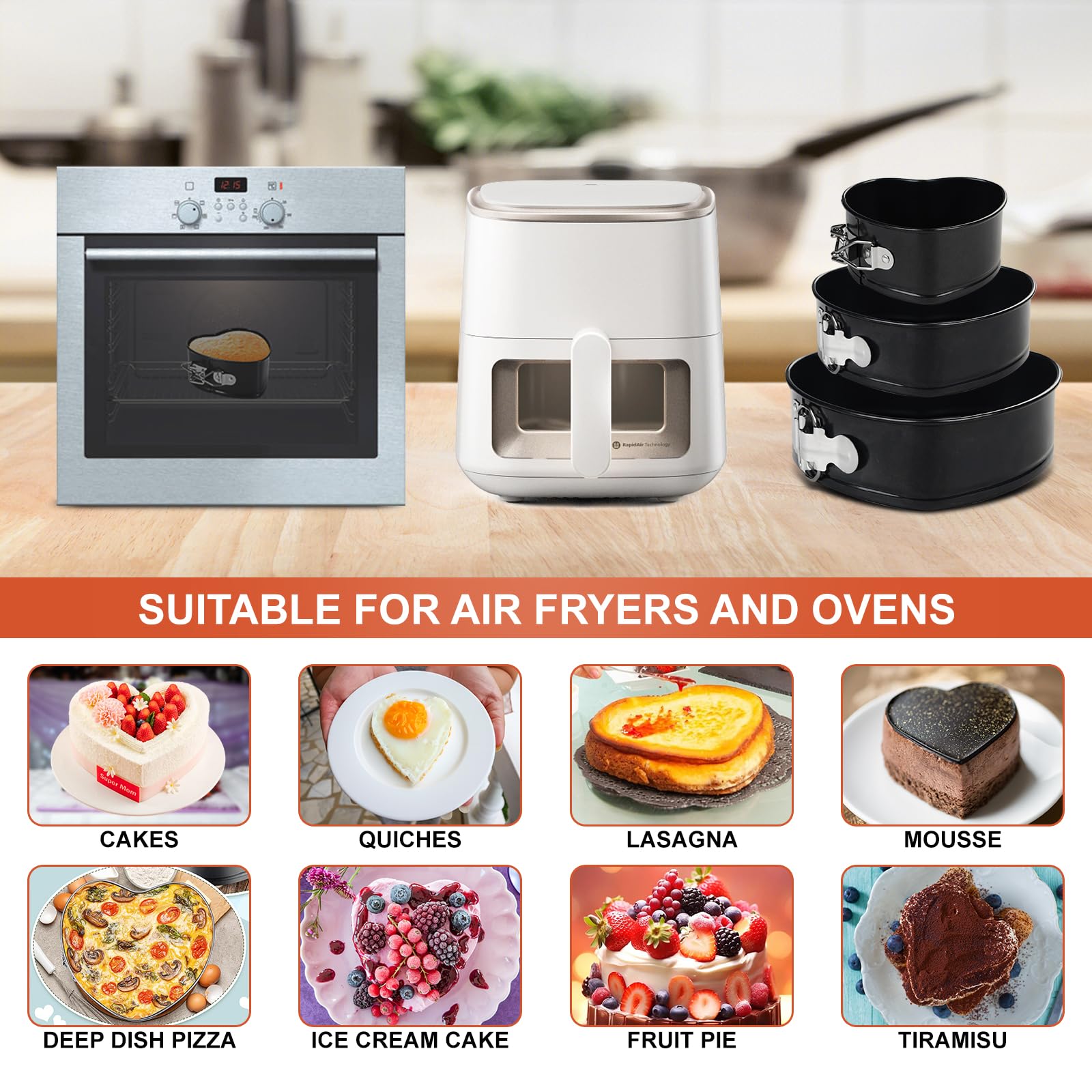 Moule à gâteau au fromage anti-adhésif de 10,2 cm + 17,8 cm + 22,9 cm, moule à charnière étanche en forme de cœur, fond amovible, moule à loquet à dégagement rapide pour gâteau