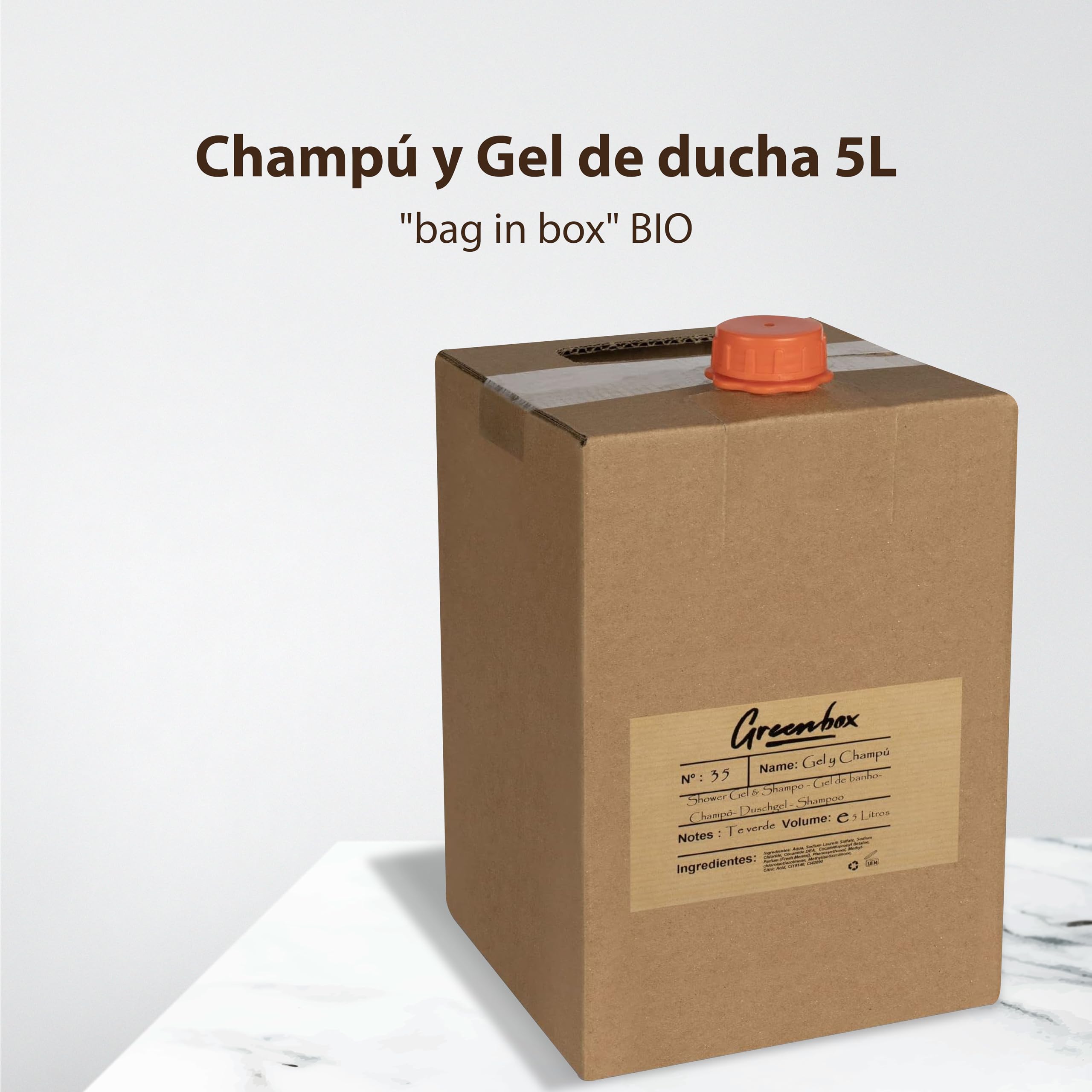 Recharge gel & shampoing en "bag in box" BIO - Gel douche et shampoing 2en1 à l'arôme thé vert, 5L. Emballage et poignée de transport écologiques. Économisez de l'argent et aidez l'environnement.