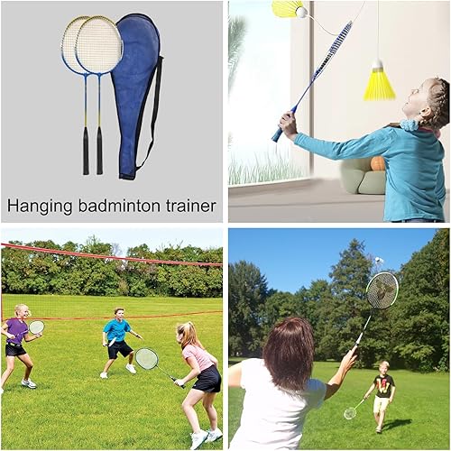 Miniatura 7 de Juego de raquetas de bádminton, raquetas y accesorios de bádminton con entrenador elástico, resistente y ligero, equipo de bádminton para el