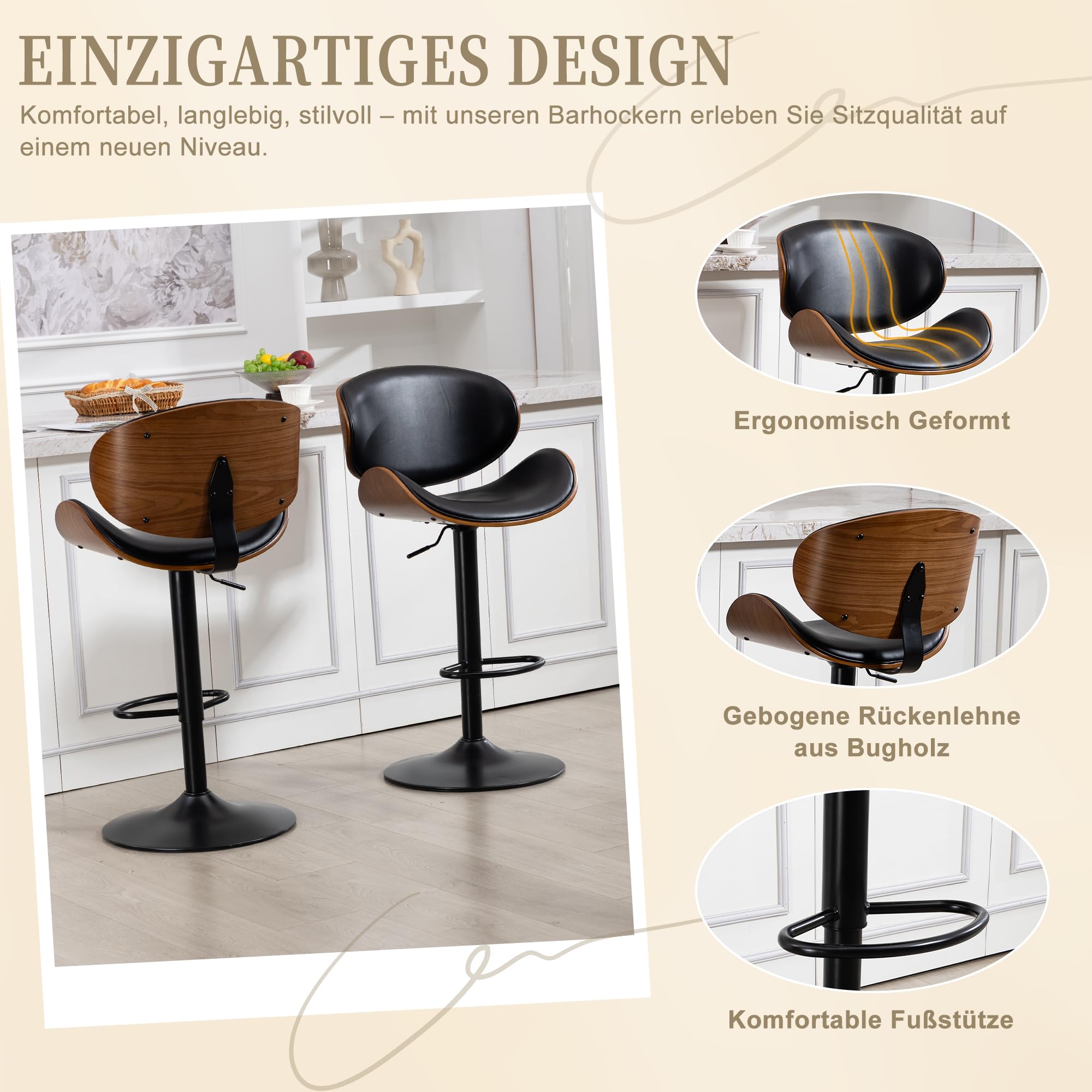 Set di 2 sgabelli da bar girevoli, regolabili in altezza, in legno curvo, con rivestimento in pelle PU, schienale ergonomico e poggiapiedi, per bar, isola cucina, colore: nero