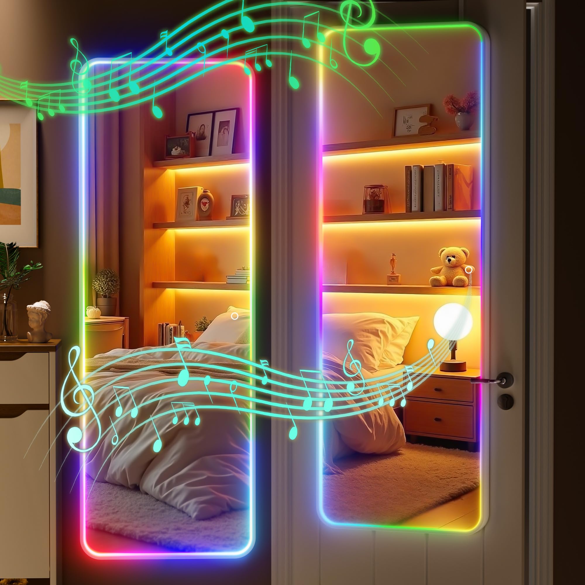Hasipu 51"x18" LED RGB Door Mirror Full Length with Bluetooth Speaker, Full Body Full Length Over The Door Mirror with Lights, Door Hanging &amp; Wall Mounted Mirror for Bedroom, Living Room, Cloakroom
