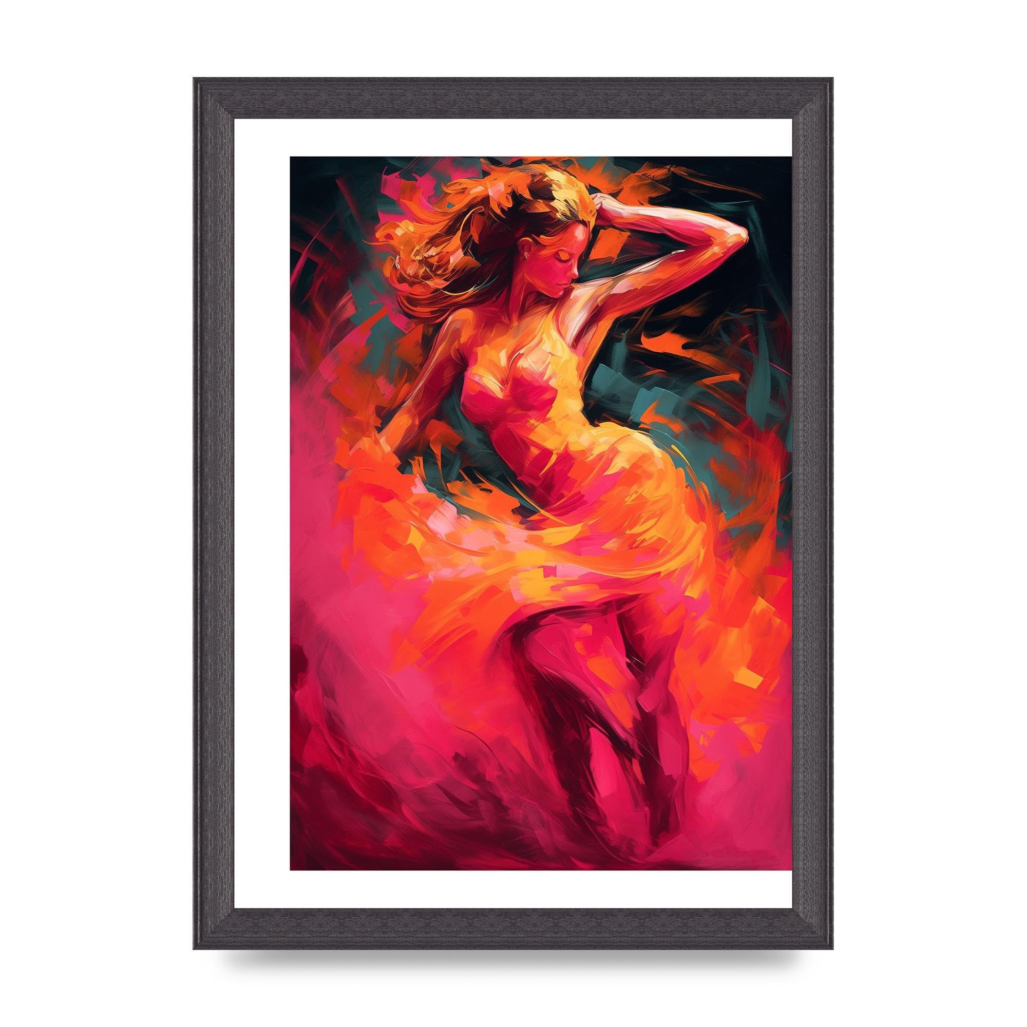 Lithobee - Salsa Dancer in Hot Pink and Tangerine Home Wall Art Prints - A4 Black Grain Frame โ image 1