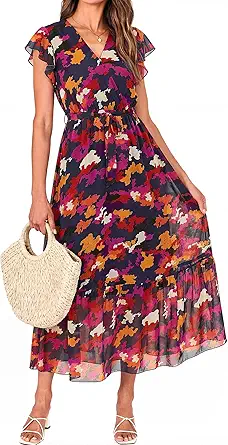  Women Summer Bohemian Floral Casual Wrap V Neck Ruffle Cap Sleeveless Belt A-Line Pleated Hem Midi Sun Dress White | Fall Swiss Dots A-line Long Wedding Guest Dresses,Elegant Floral Boho Sundress With Pockets,Spring Beach Vacation Clothes