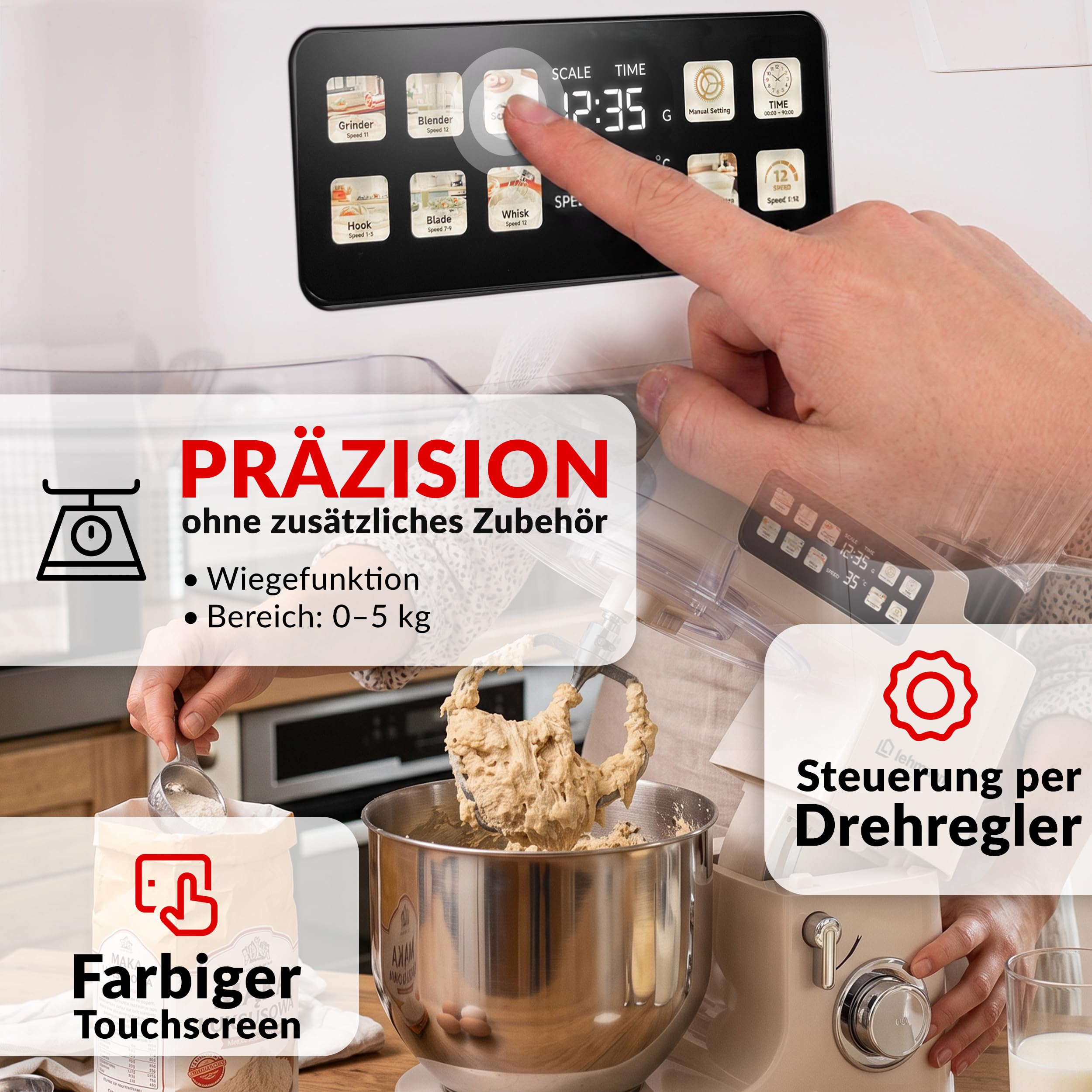 LEHMANN Teyles Multifunktions-Küchenmaschine 8L 2100W mit Waage & Heizschüssel, Planetarische Knetmaschine für Brot- & Pizzateig, 1,5-Liter-Mixer, Fleischwolf, Touchdisplay, Beige