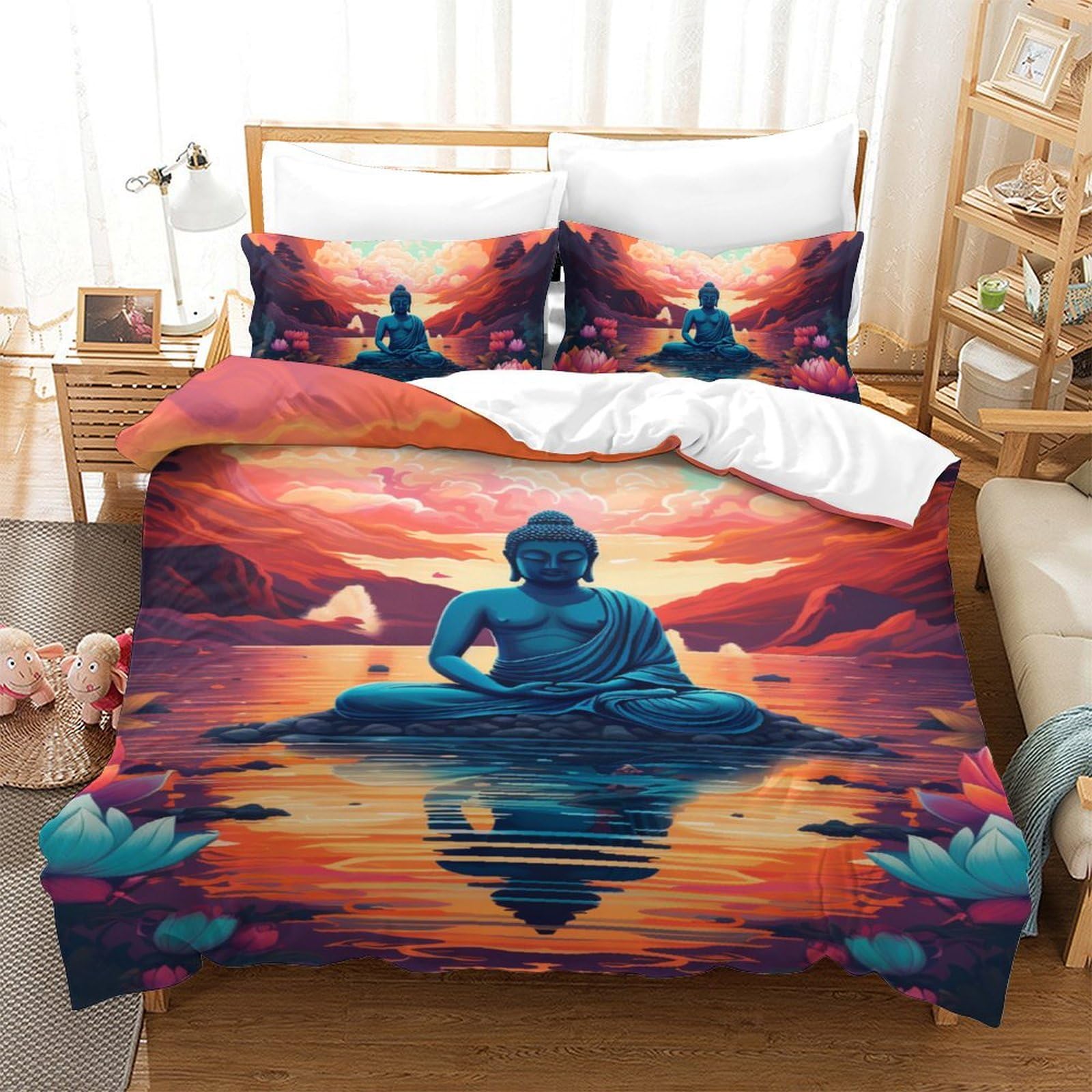 Parure de couette Bouddha 3D en microfibre 140x200 cm avec taies