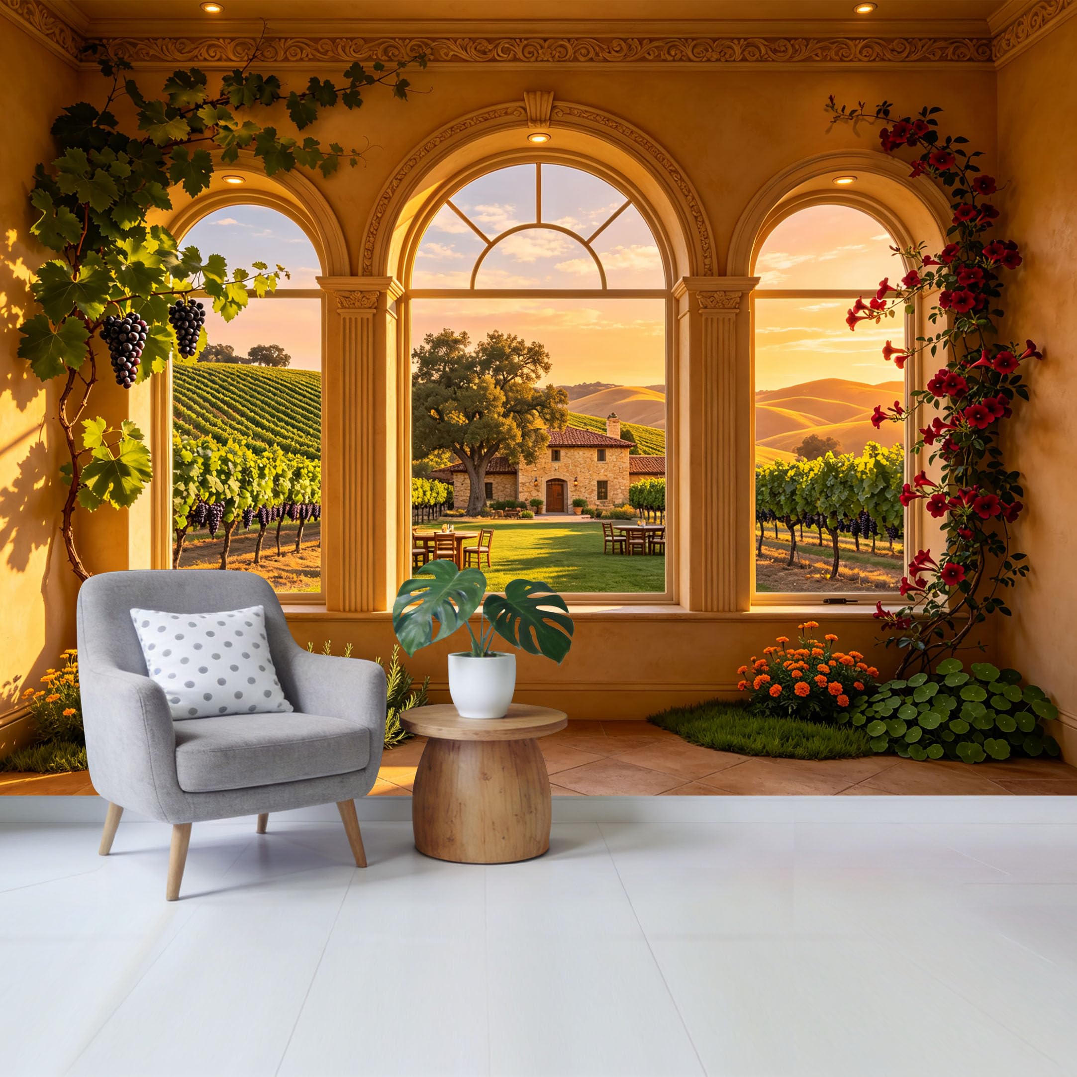 Custom Size Wall Mural Tuscan Vineyard Landscape Sunset View Through Arch Window Removable Self Adhesive Fabric Home Wall Decor for Living Room Bedroom Bathroom