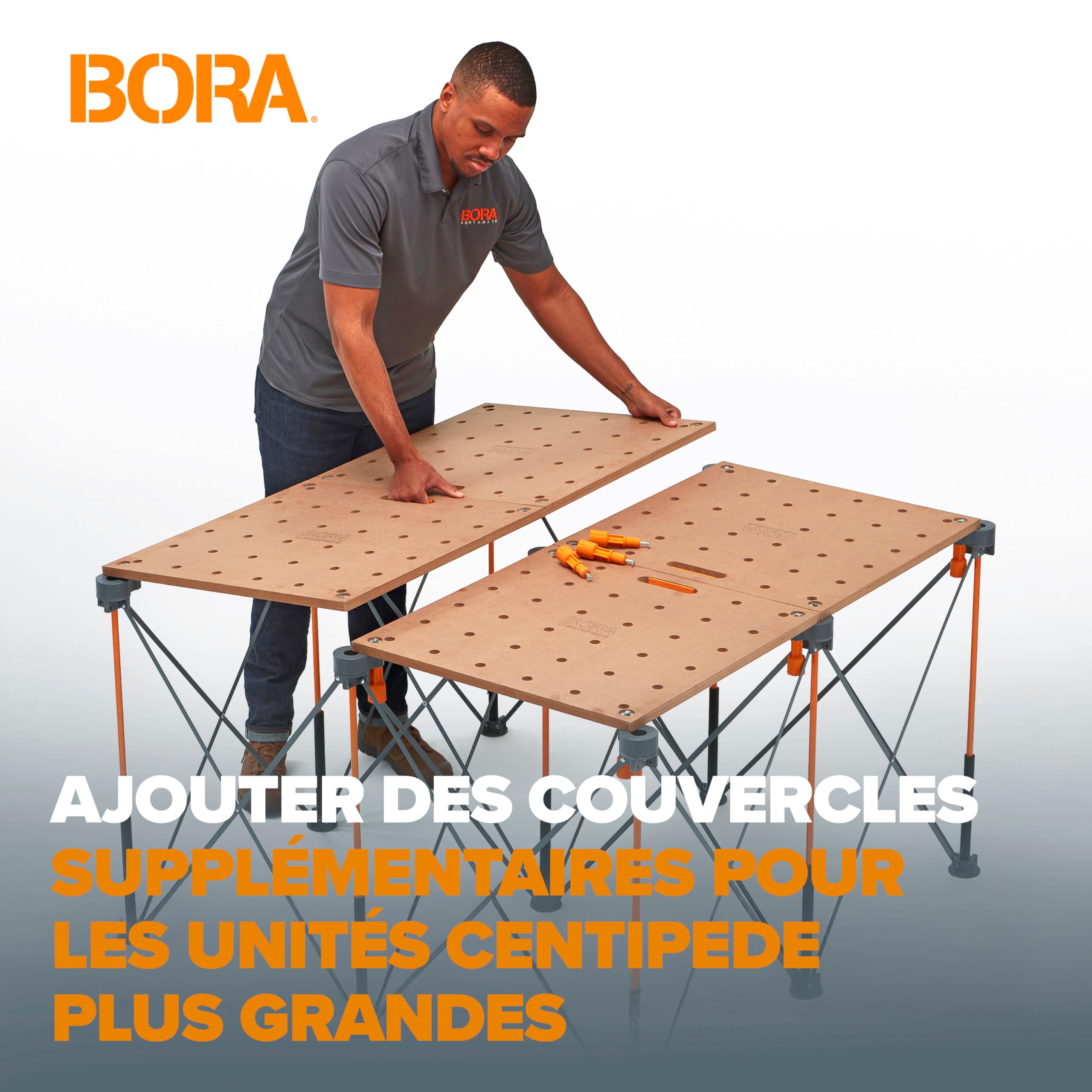 Bora Centipede CK22TM Établi pour Table de Travail Bora Centipede 61 x 121,9 cm avec Dessus en Bois avec Trous pour Chien de 20 mm + 6 poignées de Verrouillage à Rotation Rapide pour établi Portable
