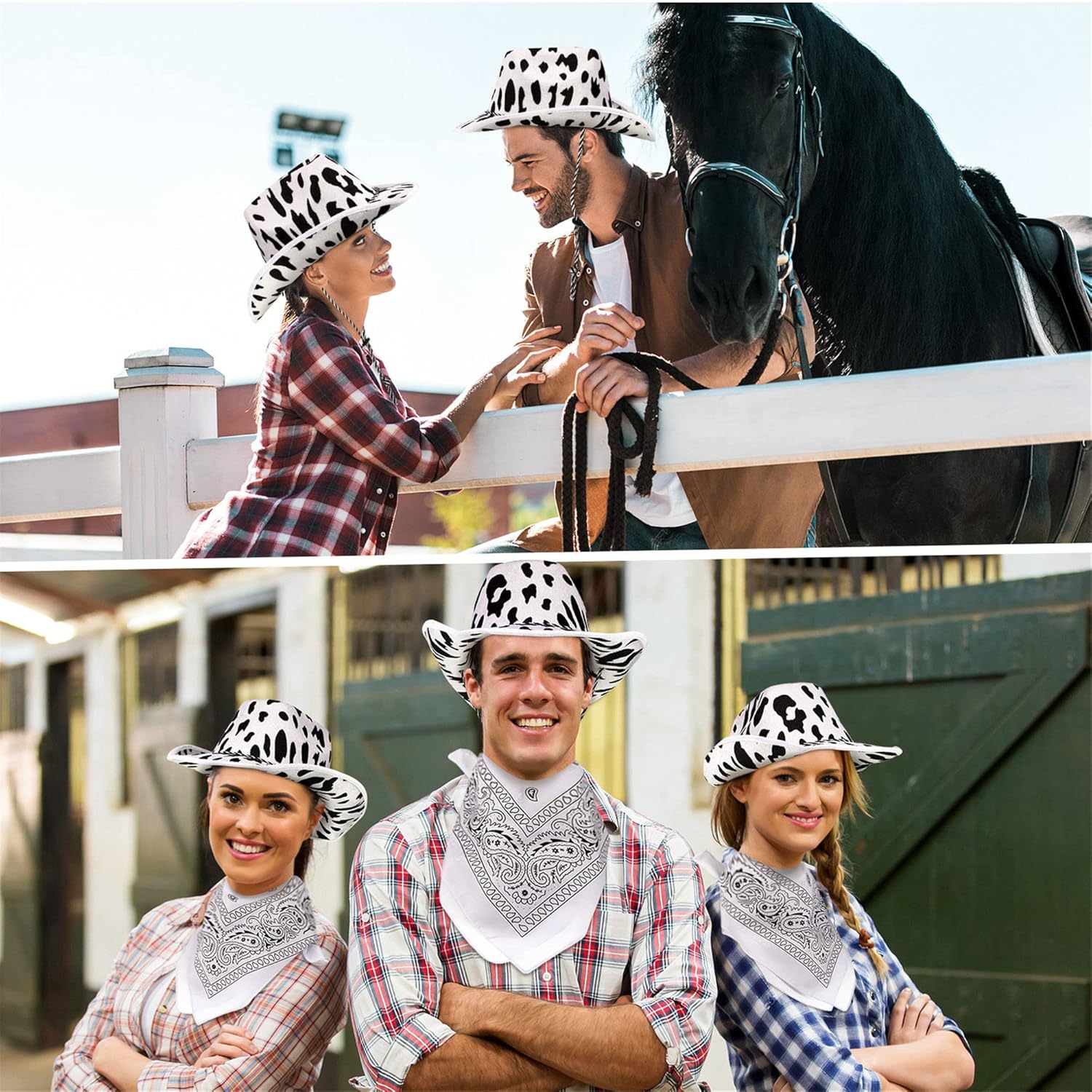 Zhanmai 12 Pieces Cow Print Cowboy Hat and Bandana Set Black and White for Western Parties Bachelorette Parties Country Dances Team Events and Halloween