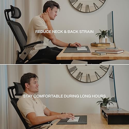 Miniatura 5 de Soporte elevador de madera maciza para monitor doble, estante de escritorio de nogal de 43 pulgadas para 2 monitores con bandeja y fieltro de lana,