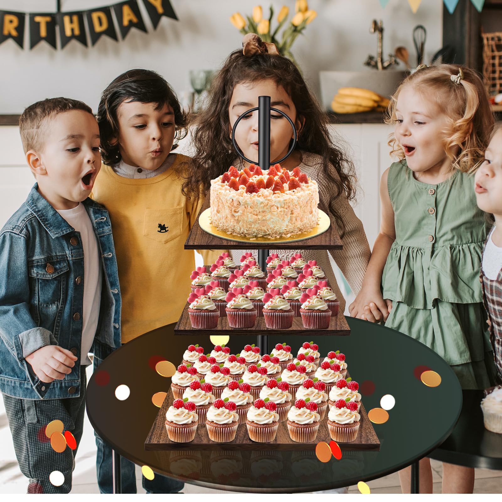 Présentoir à Gâteaux, Présentoir à Cupcakes en Bois Rétro, Multi-usages Support a Gateau en Carréepour Mariage, Anniversaire, Fête d'anniversaire, Buffet Evenement (3 Étages-carrée)