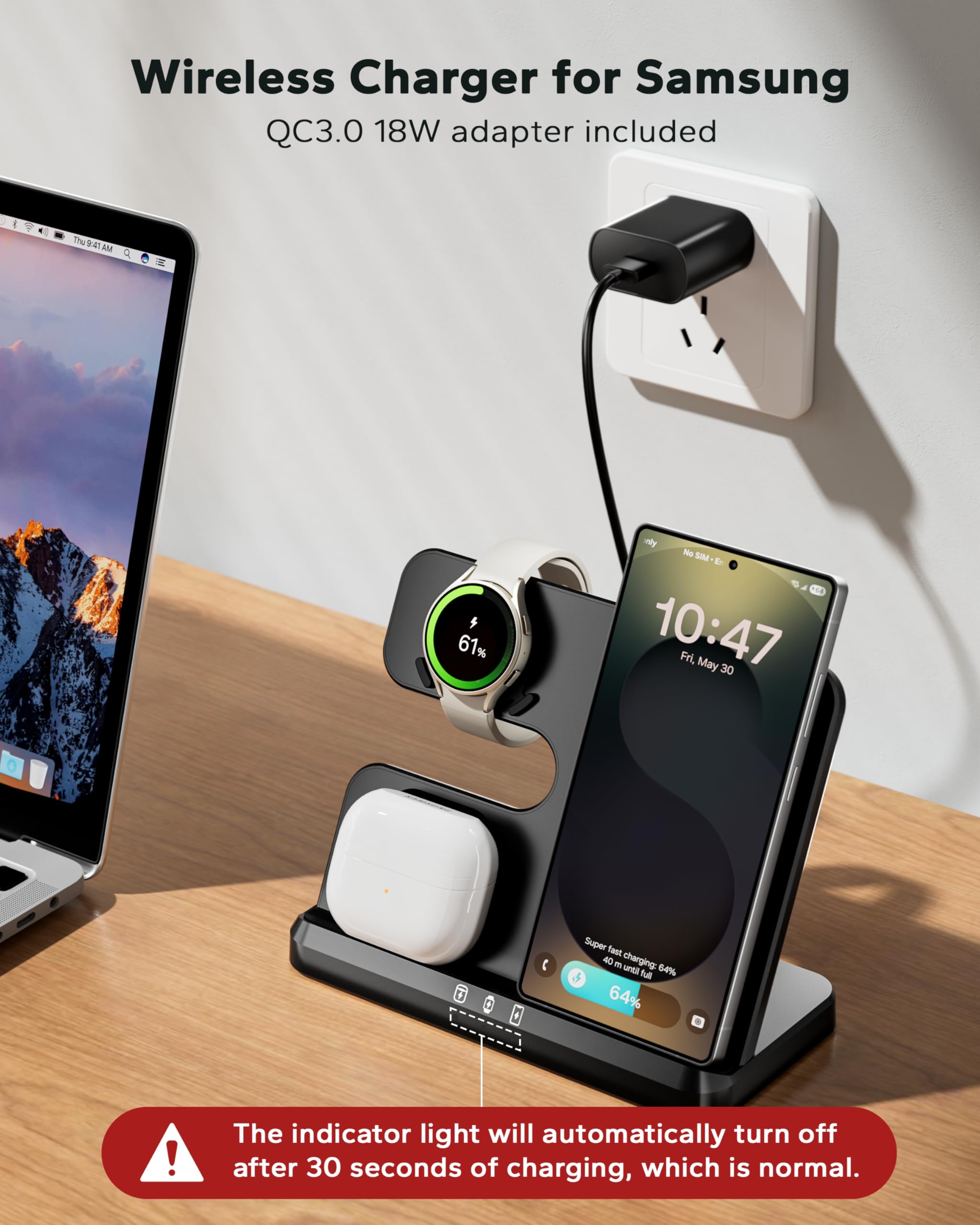 Pad di ricarica 3 in 1 per Samsung, caricabatterie per telefono cordless e orologio per Galaxy S25 Ultra/S24/S23/Z Fold, ricarica rapida certificata Qi per Samsung Watch Galaxy 8/7/6/5, Galaxy