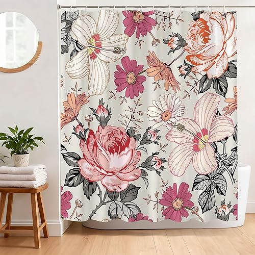 Cortina de ducha bohemia con diseño retro floral de tela impermeable para decoración de baño, 72 x 72 pulgadas
