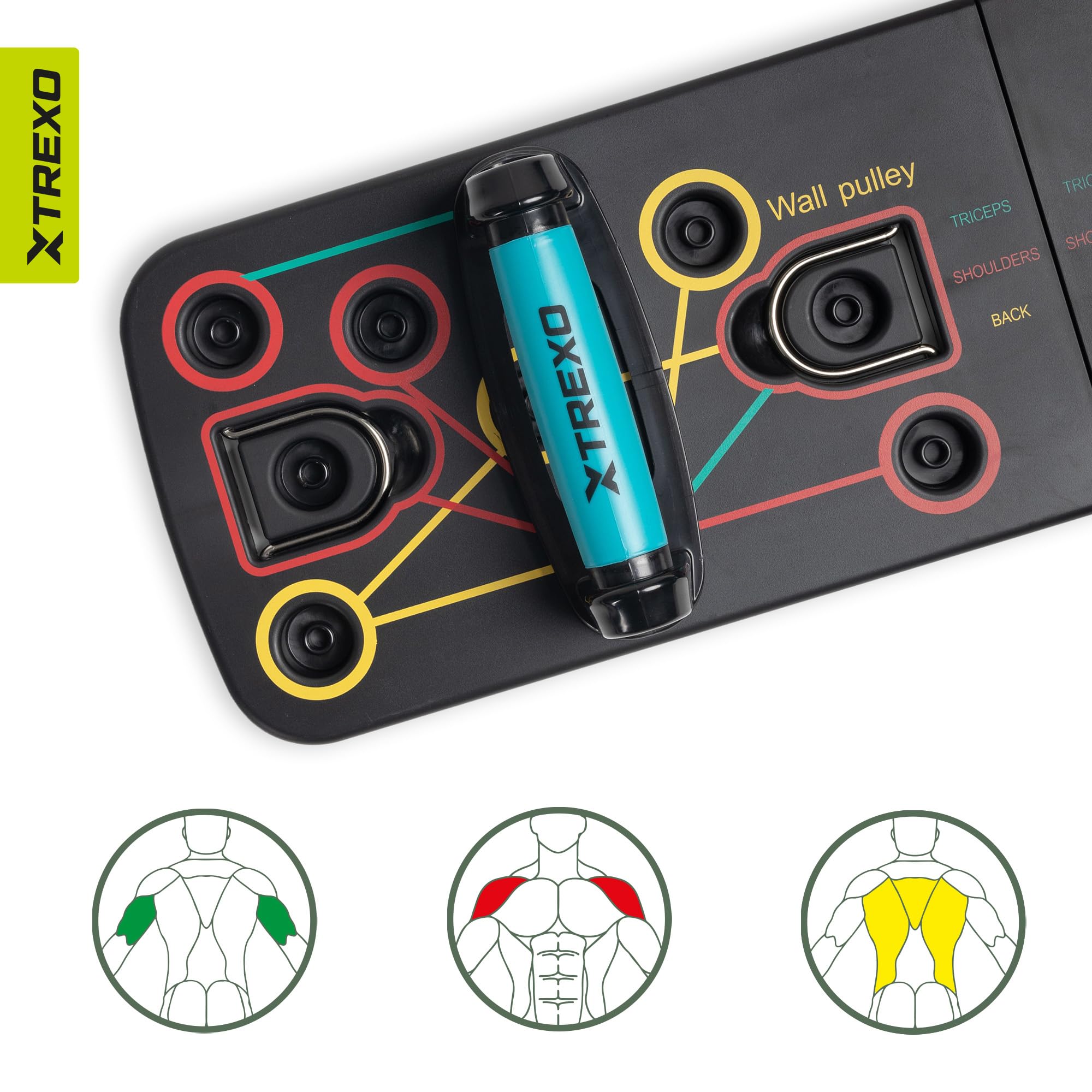 XTREXO Wielofunkcyjna deska do pompek w kolorze czarnym, z kodami kolorystycznymi, urządzenie do fitnessu z tworzywa ABS i TP Comapect, 66 x 20 x 2 cm, uniwersalny trening siłowy, antypoślizgowe