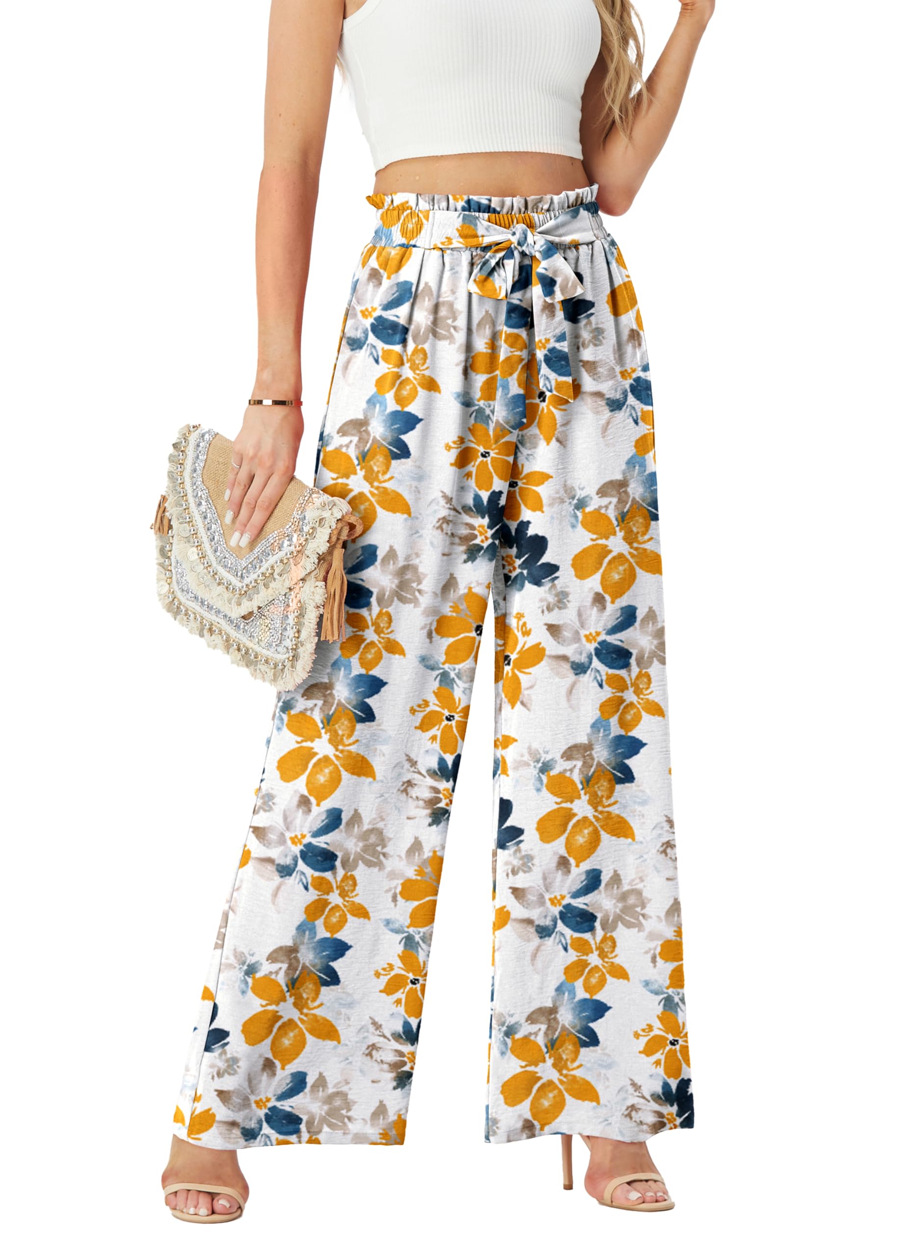 Womens Wide Leg Pants High Waist Flowy Adjustable Knot Loose Trousers Casuals Lounge Business Pants with Pockets