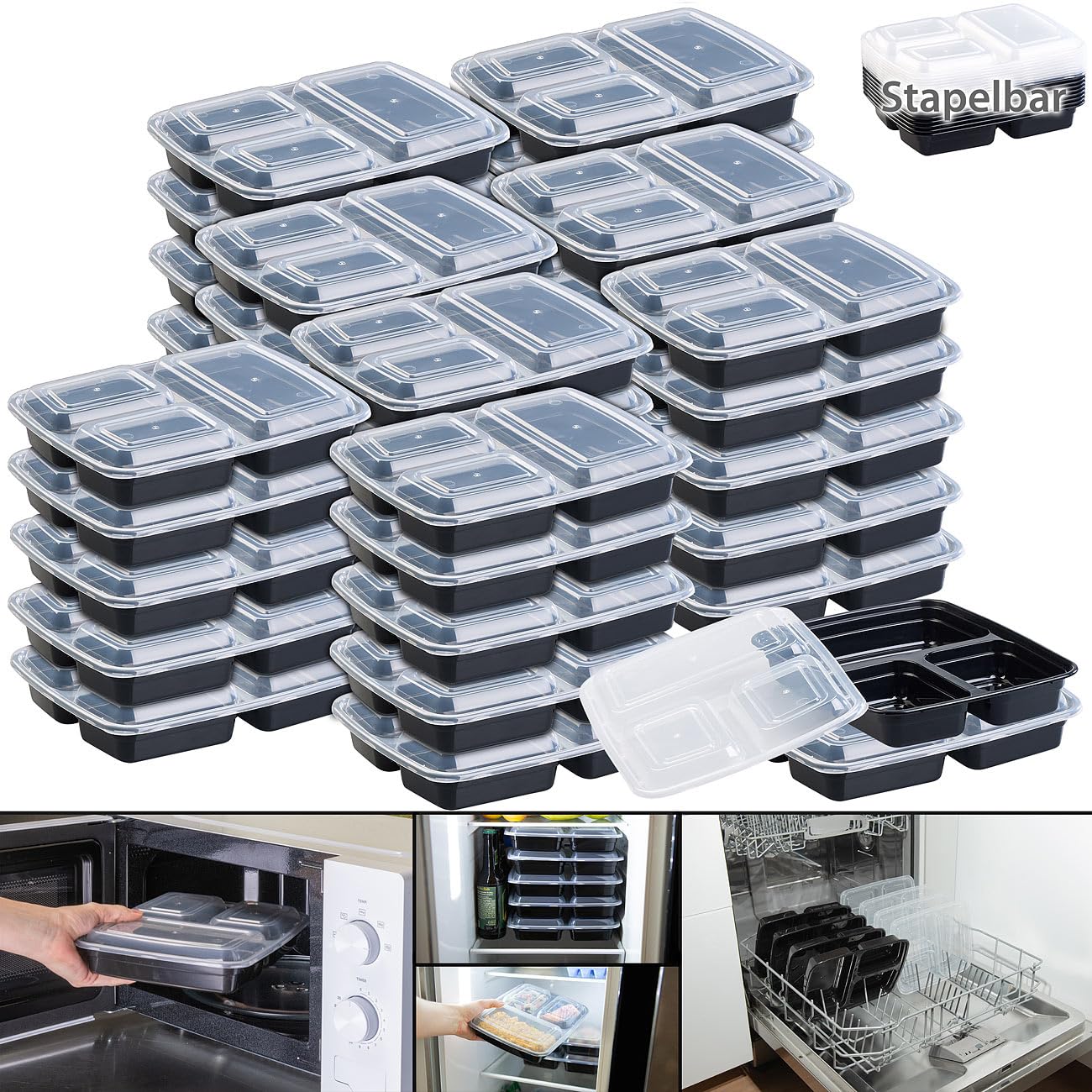 40 boîtes de conservation 3 compartiments avec couvercles - 850 ml [Rosenstein & Söhne]