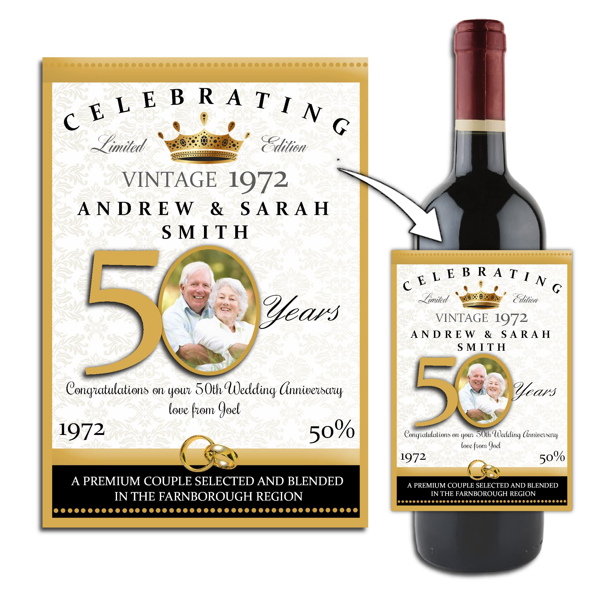 Personalised Golden 50th Wedding Anniversary Wine/Champagne Bottle Photo Label Gift Present Idea N102