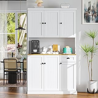 RASOO Buffet Hutch Cabinet Kitchen Sideboard Pantry Cabinet Wood Kitchenware Server Kitchen Storage Microwave Cabinet with 3 Doors Upstairs and 3 Doors downstairs and 1 Drawer, White (R0086)