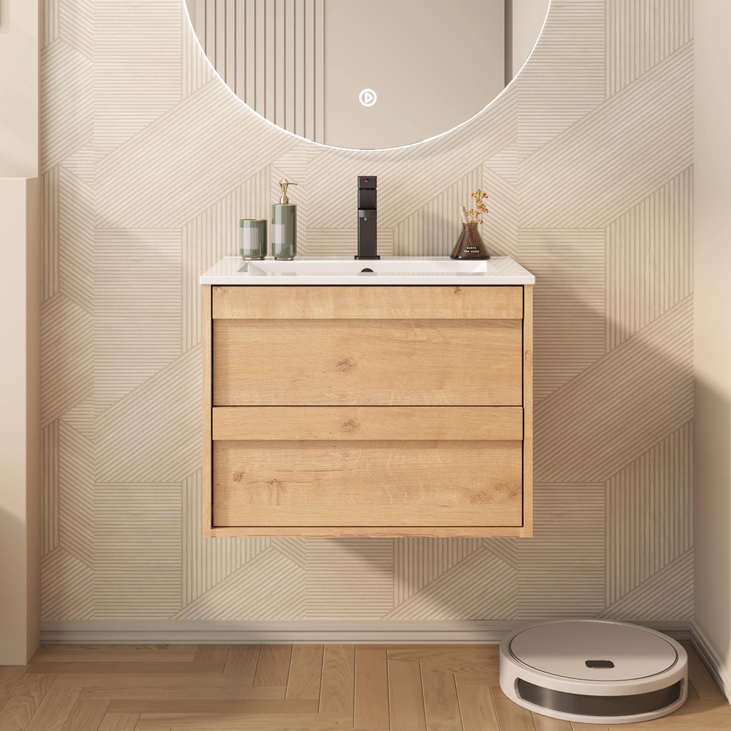 UEV Waschtisch mit Unterschrank, Waschbeckenunterschrank 60cm hängend, mit Soft-Close-System, Waschplatz, Aufsatzwaschbecken, Badezimmmer Möbel für Gäste WC, Badmöbel Set für Badezimmer, Natur