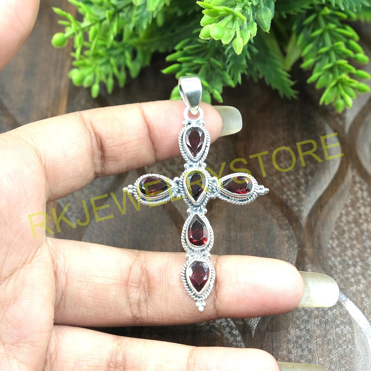 Natural Red Garnet Cross Pendant Pure 925 Sterling Silver Handmade Statement Pendant Garnet Gift Jewelry for Girlfriend Women