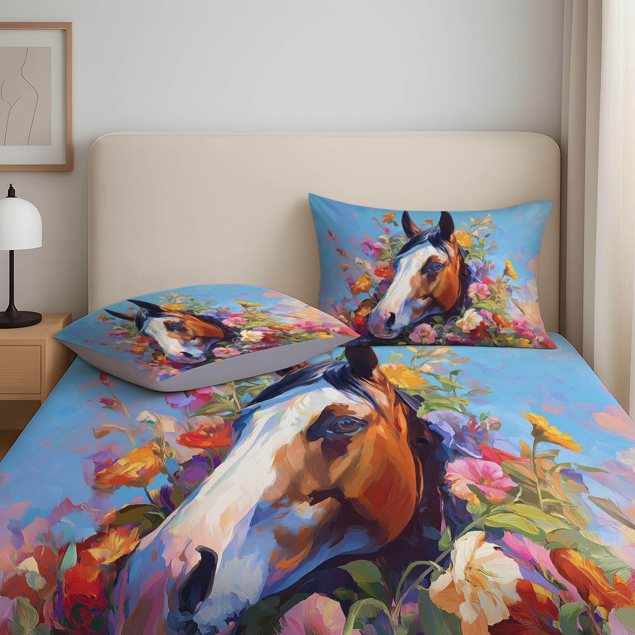 Blumenmuster Pferdekopf Blüten Spannbettlaken 160 x 200 cm - Bettlaken Pflegeleicht, Hyperrealistisch Landhausstil Sanft, Bettwäsche-Set, 3-teiliges Künstlerisches Schlafzimmer