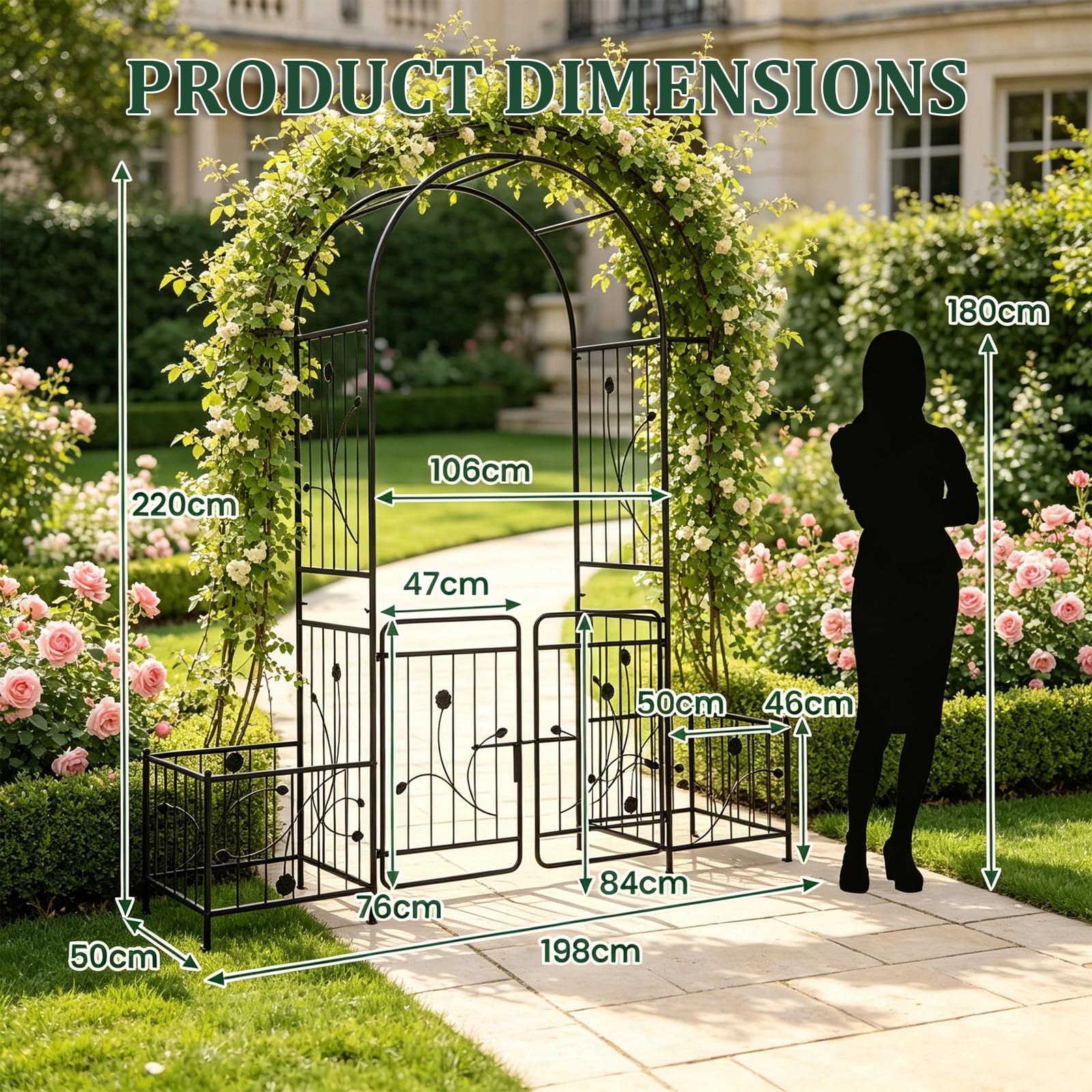 Arco per rose con cancello, 220 cm, in metallo, arco da giardino con