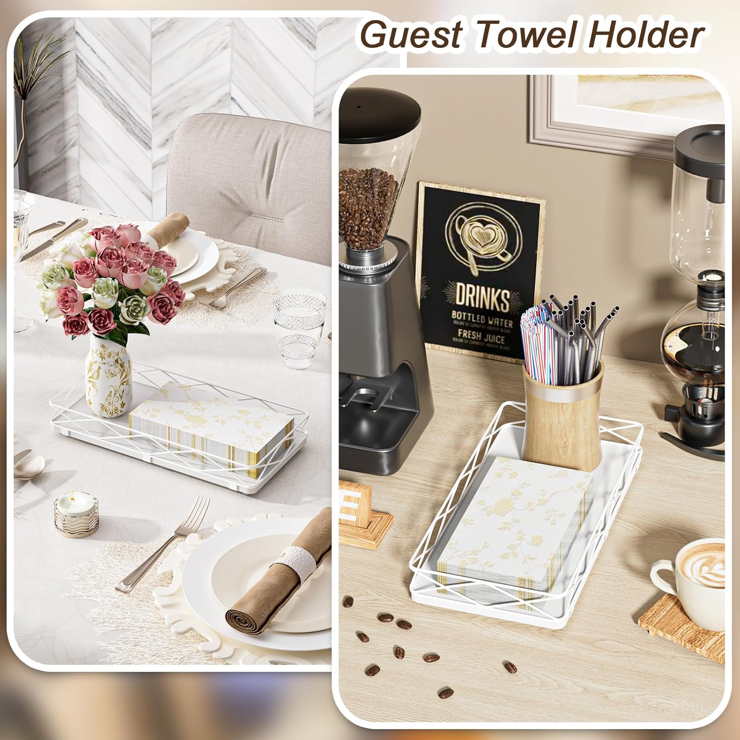 Toilet Paper Basket Holder, 13" Bathroom Tray Countertop, Wood and Metal Toilet Tank Tray Bathroom Vanity Organizer for Toiletry, Kitchen Sink Organizer for Soap Dispenser (White) - Image 7