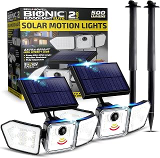 Bell+Howell Bionic Flood Light 2-Pack: 89 LED Solar Motion Sensor Security Lights, 3 Adjustable Heads, IP65 Waterproof Outdoor Spotlight