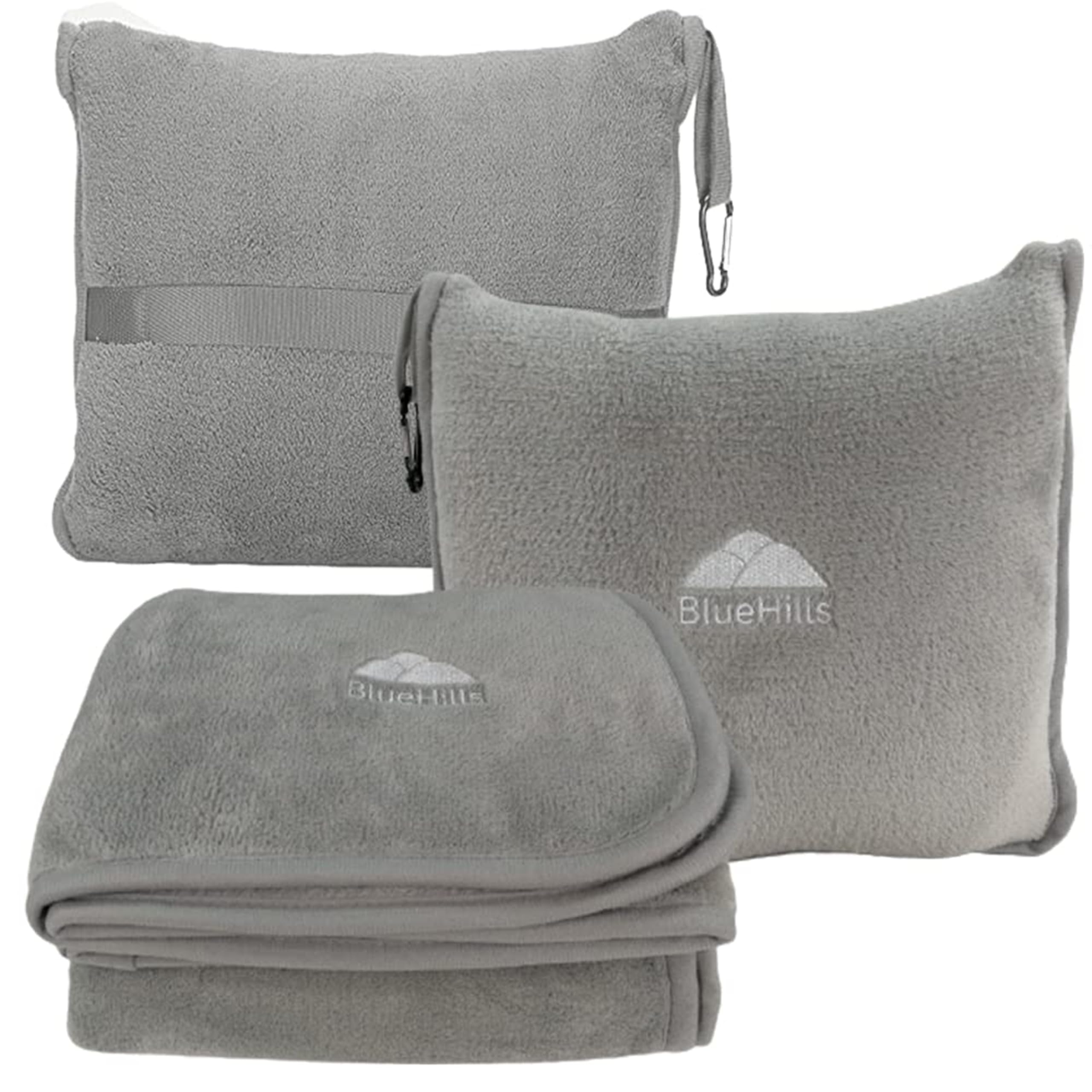 BlueHills Premium Soft Travel Blanket Pillow Airplane Flight Blanket Throw in Soft Bag Pillow case with Luggage Belt & Backpack Clip Compact Pack Large Blanket - Light Gray T024