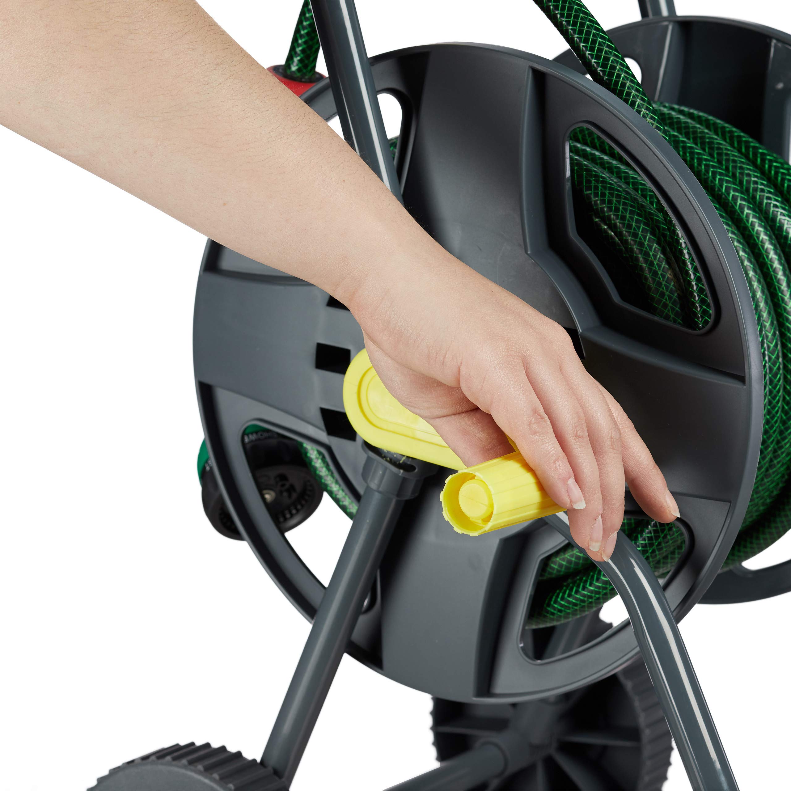 Relaxdays Chariot à Tuyau 45 m, roulettes pour Le Jardin & Le Balcon, avec Roues, 76,5x44x41 cm, arrosage, Gris - Jaune