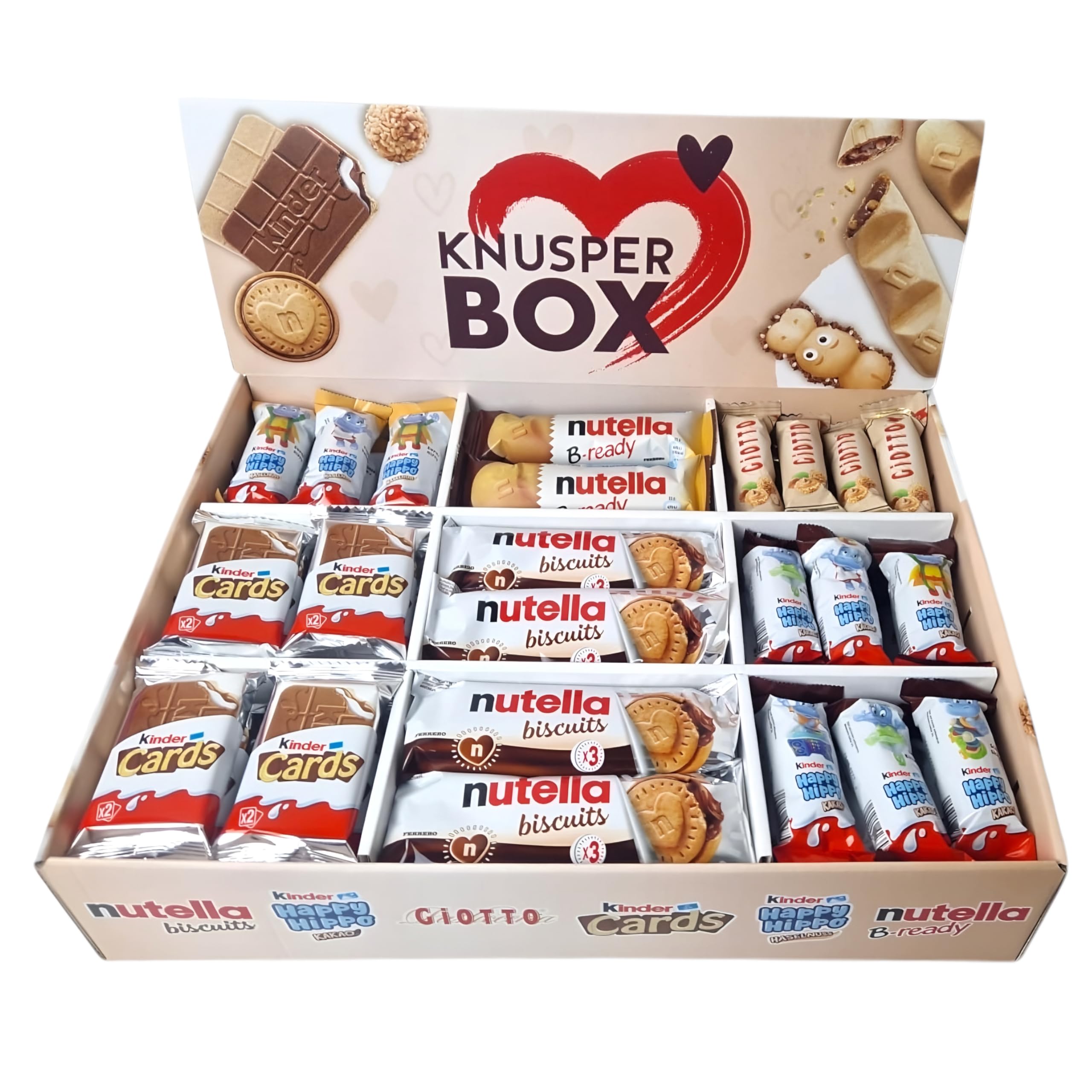 Ferrero Knusper Box mit 74 Teilen in 6 Sorten, mit Kinder Cards, Nutella Biscuits, Kinder Happy Hippo, Nutella B-Ready und Giotto, 1er Pack (1 x 1,8kg)