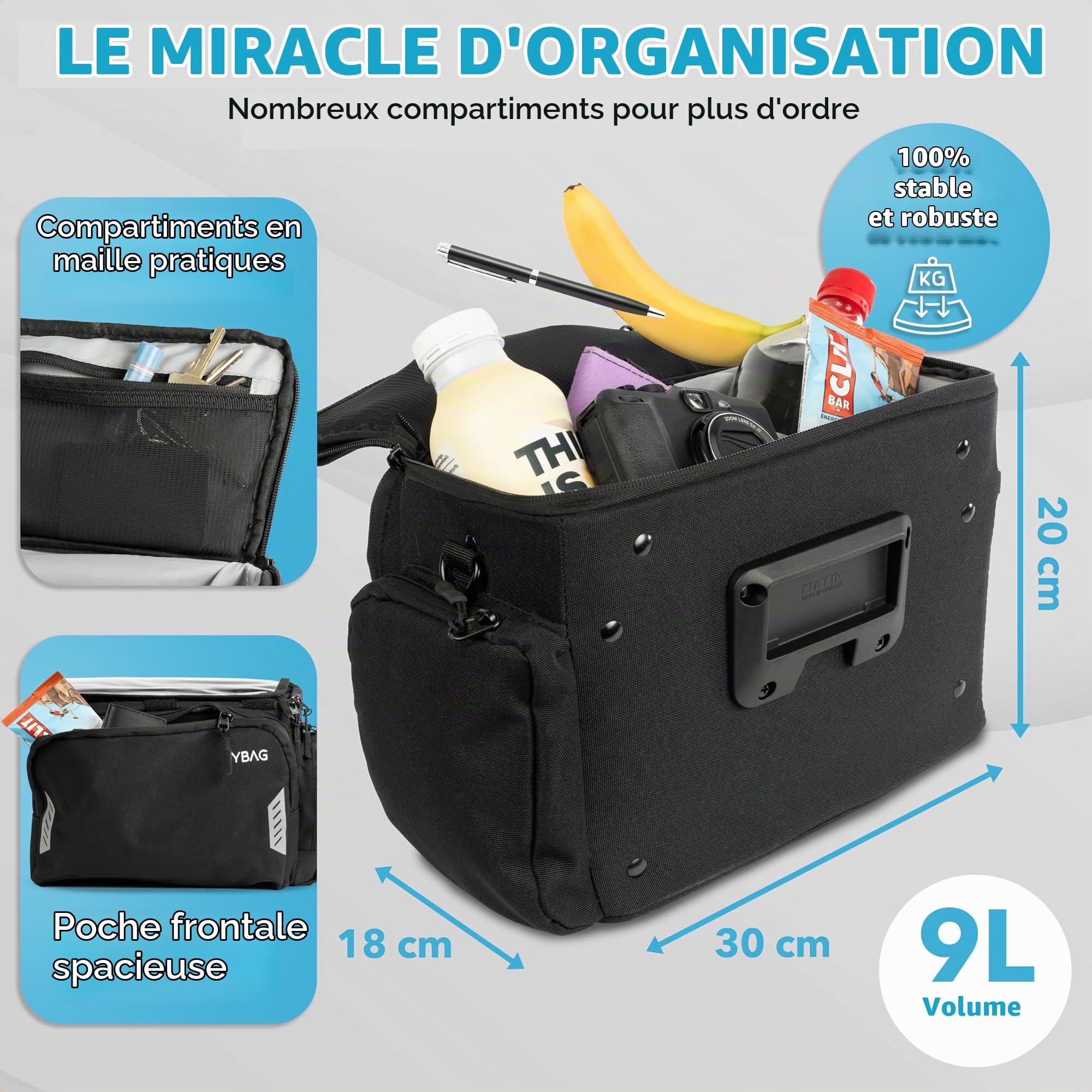 YBAG - Sacoche de guidon de vélo durable compatible avec KLICKfix (convient pour vélo électrique) - Grand volume et de nombreux compartiments - Imperméable avec housse de pluie