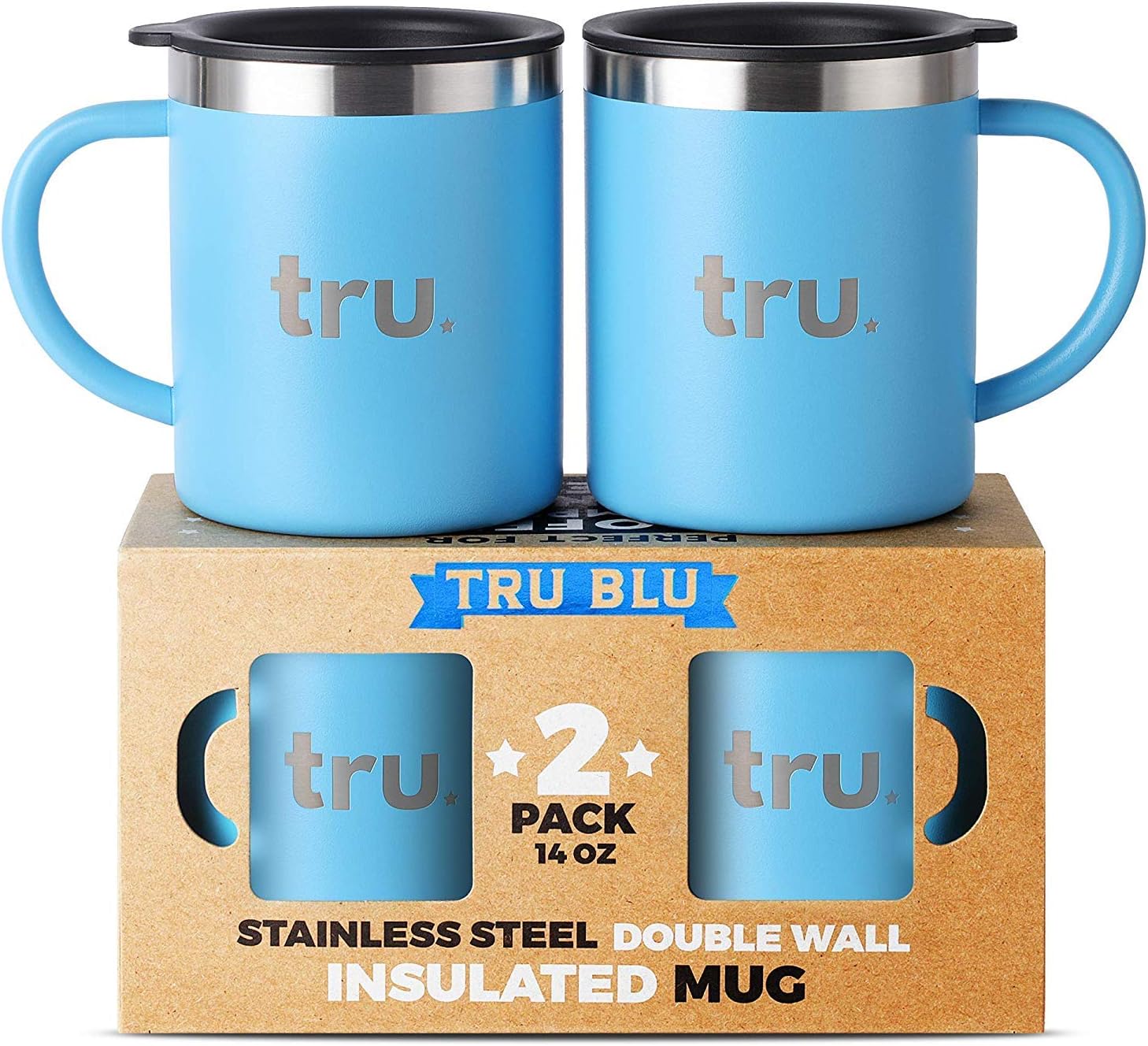 Coffee Mug with Lid (Set of 2) - Stainless Steel Camping Mug with Handle, Double Wall & Insulated Metal Cup - BPA Free, Shatterproof, Dishwasher Safe (14oz)
