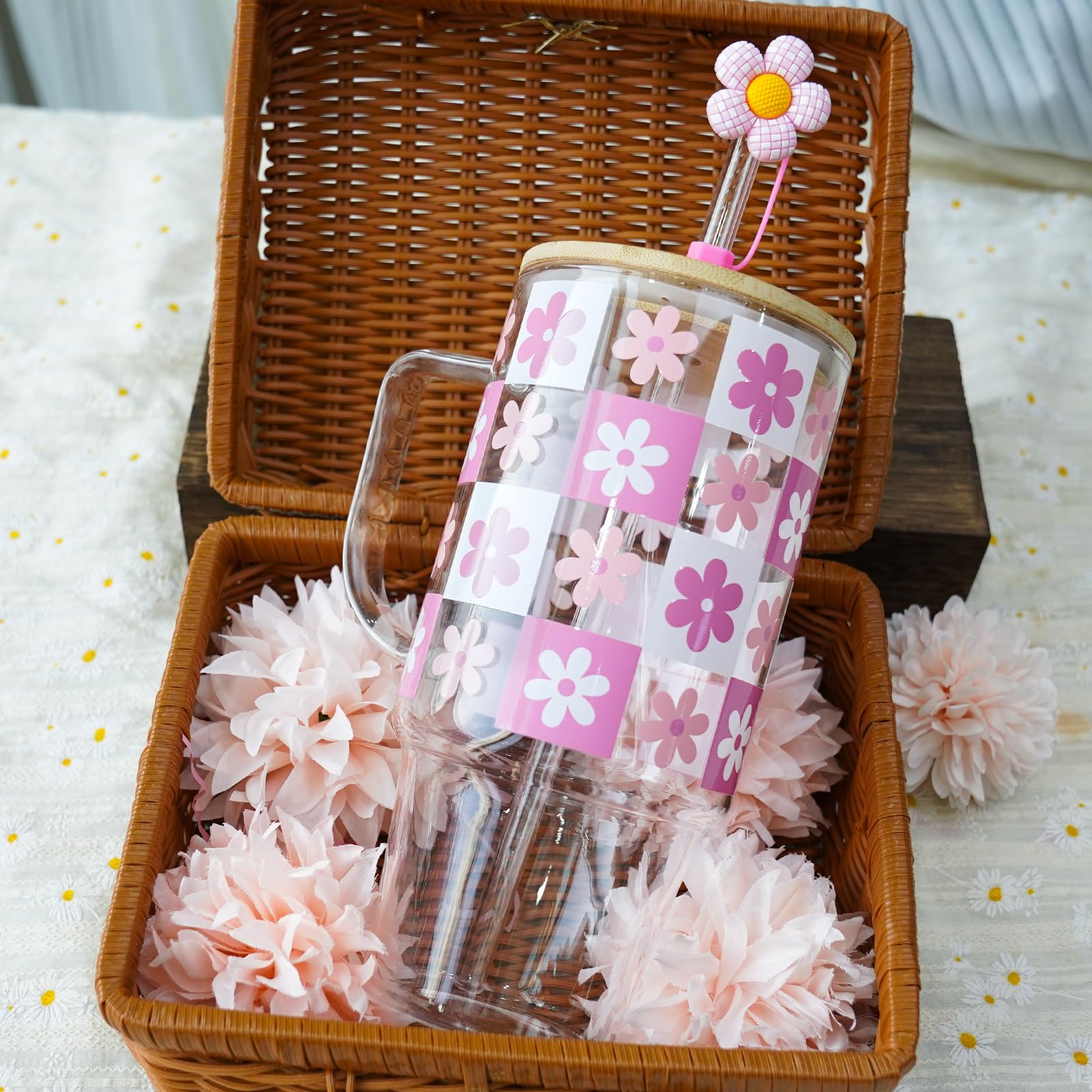 ANOTION Birthday Gifts for Women - Coquette Gift Basket for Her, Glass Cup with Handle, Fuzzy Socks, Knitted Coaster, Plush Bouquet, Gift Box for Mom, Daughter, Wife, Friends