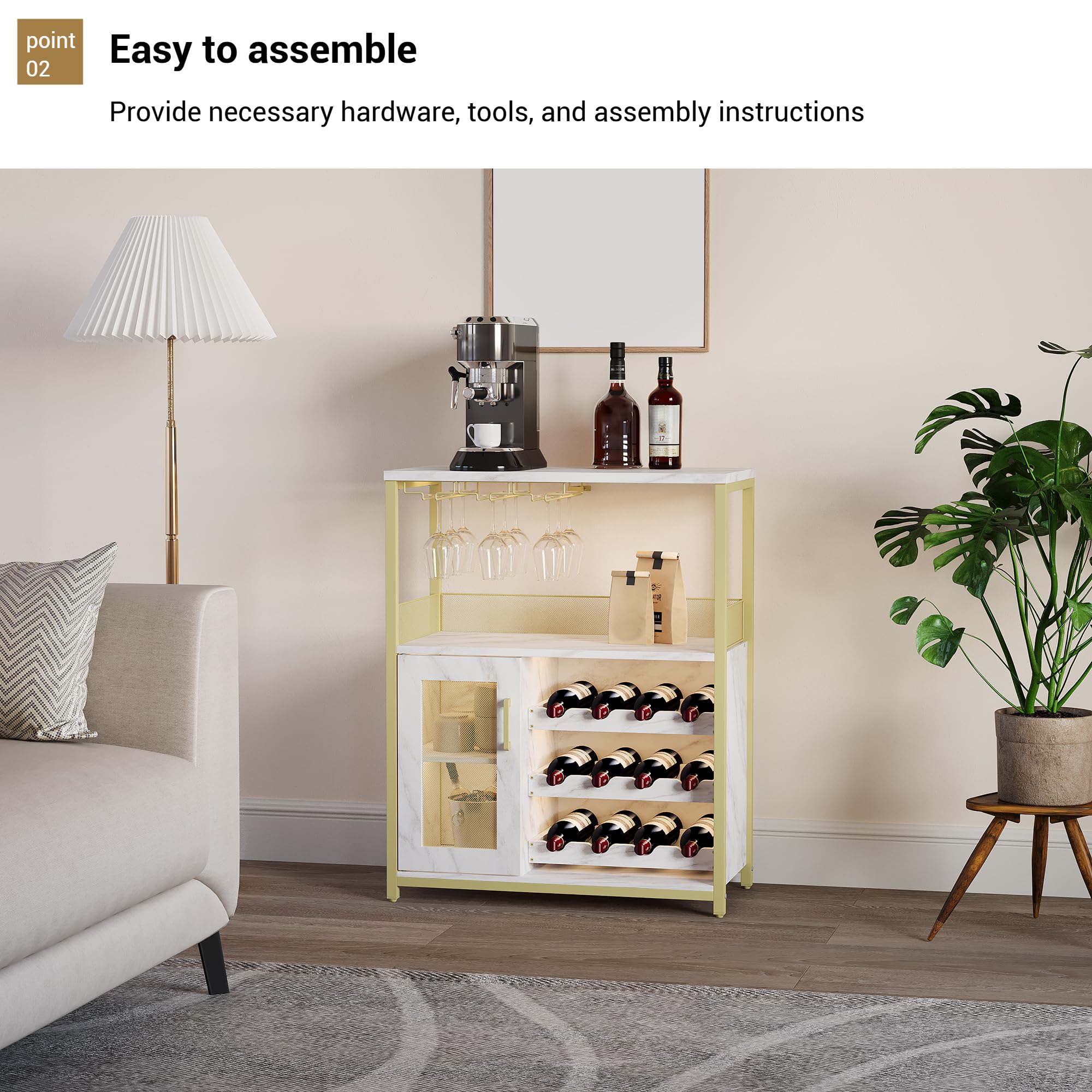 Weinbar Schrank 36" – Kompakter Bar Schrank Mit Verstellbaren Ablagen, Glashalter & Metallgittertür – Liquorschrank & Kaffeebar Möbel Für Küche & Esszimmer, Gold+Lampe