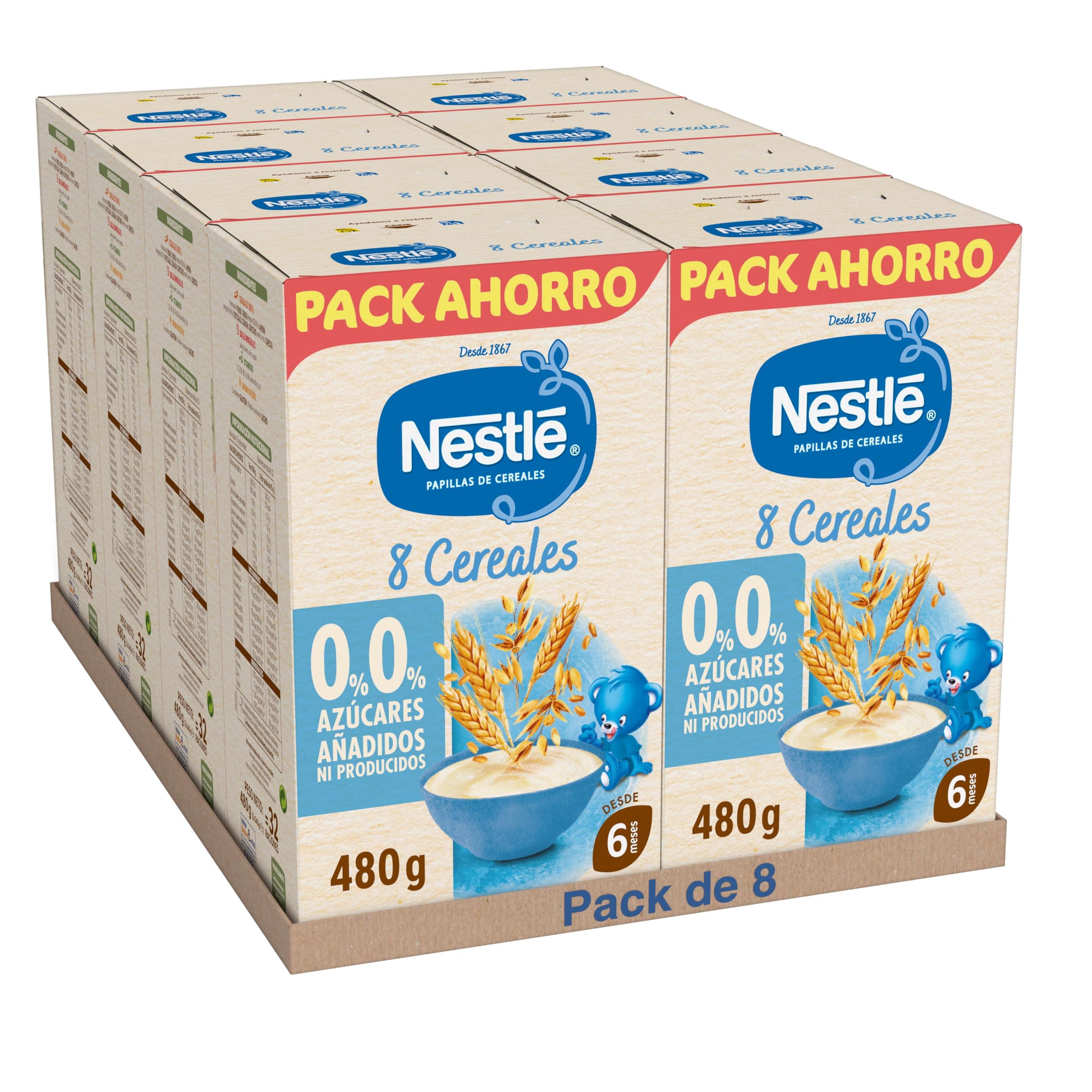 NESTLÉ 0%0% Papilla 8 Cereales 480g, sin azúcares añadidos ni producidos, a partir de 6 meses, pack de 8