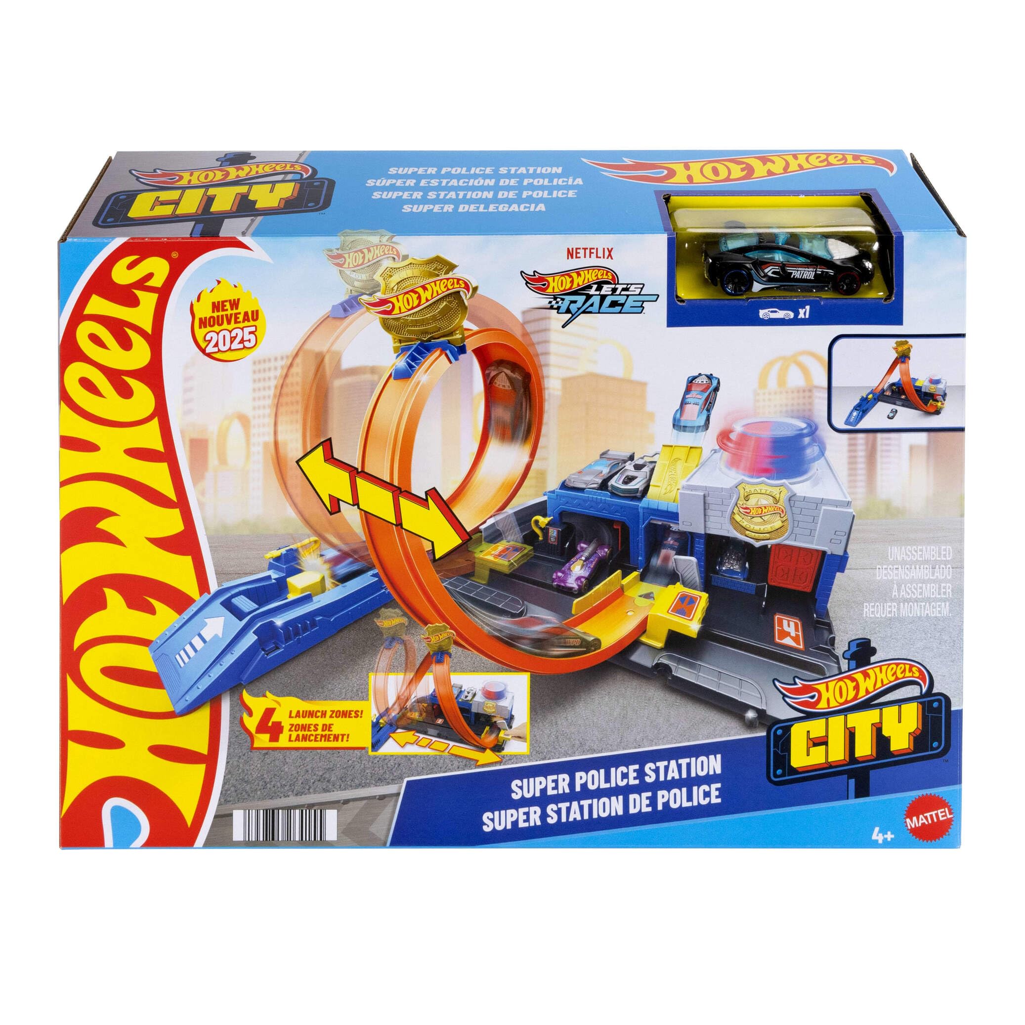 Hot Wheels Supercomisaría de policía Conjunto de pista, conjunto de juego con coche de juguete metálico a escala 1:64, looping regulable para hacer carreras y acrobacias de varias formas, JBM71