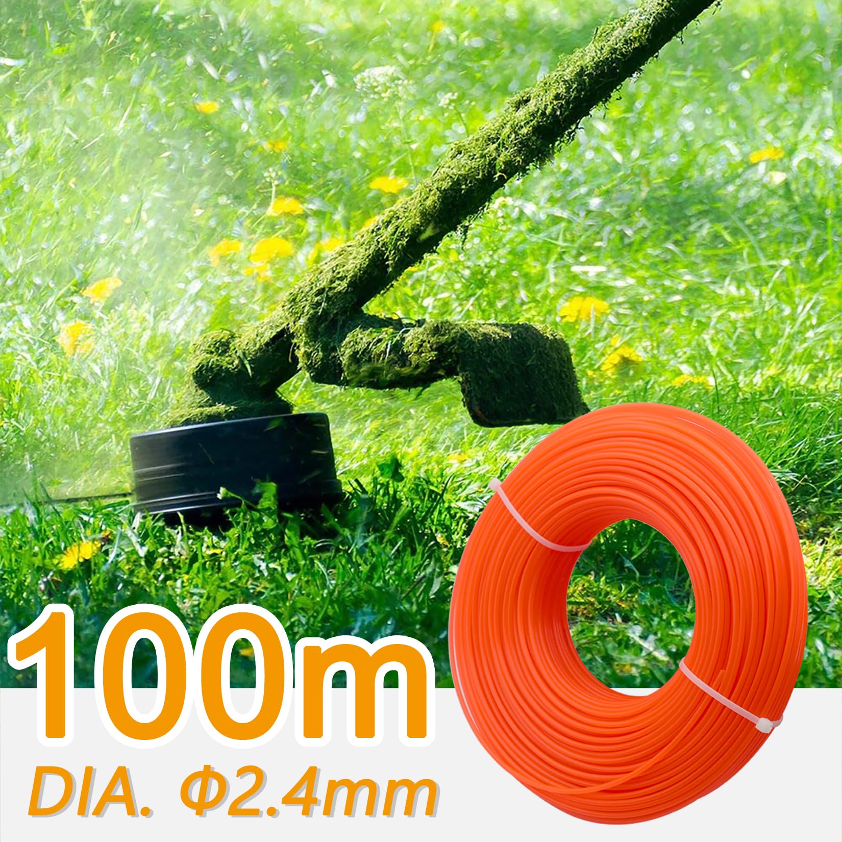 Akuoly 100m Mähfaden Trimmerschnur Trimmerfaden für Rasentrimmer, Robuster Rasentrimmer-Schnur Fadendurchmesser 2,4 mm, Nylonfaden in Orange zur Gartenarbeit, Grasschneiden und Unkrautbeseitigung