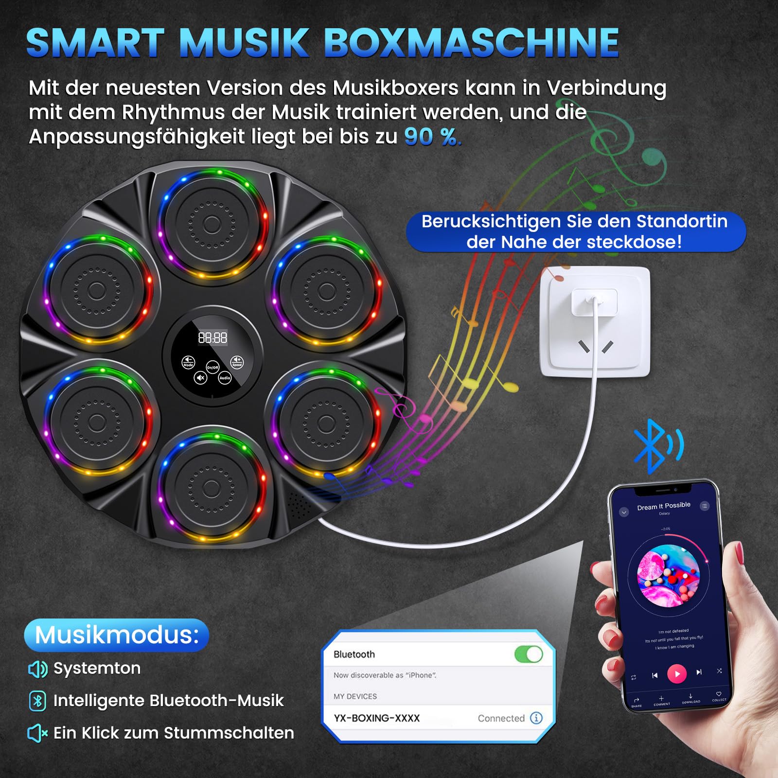 semai Music Boxing Machine, Intelligente Musik Boxmaschine, 9 Geschwindigkeitsmodi und Zählmodus Musik Boxautomat für Erwachsene Kinder Music Punch Boxtraining