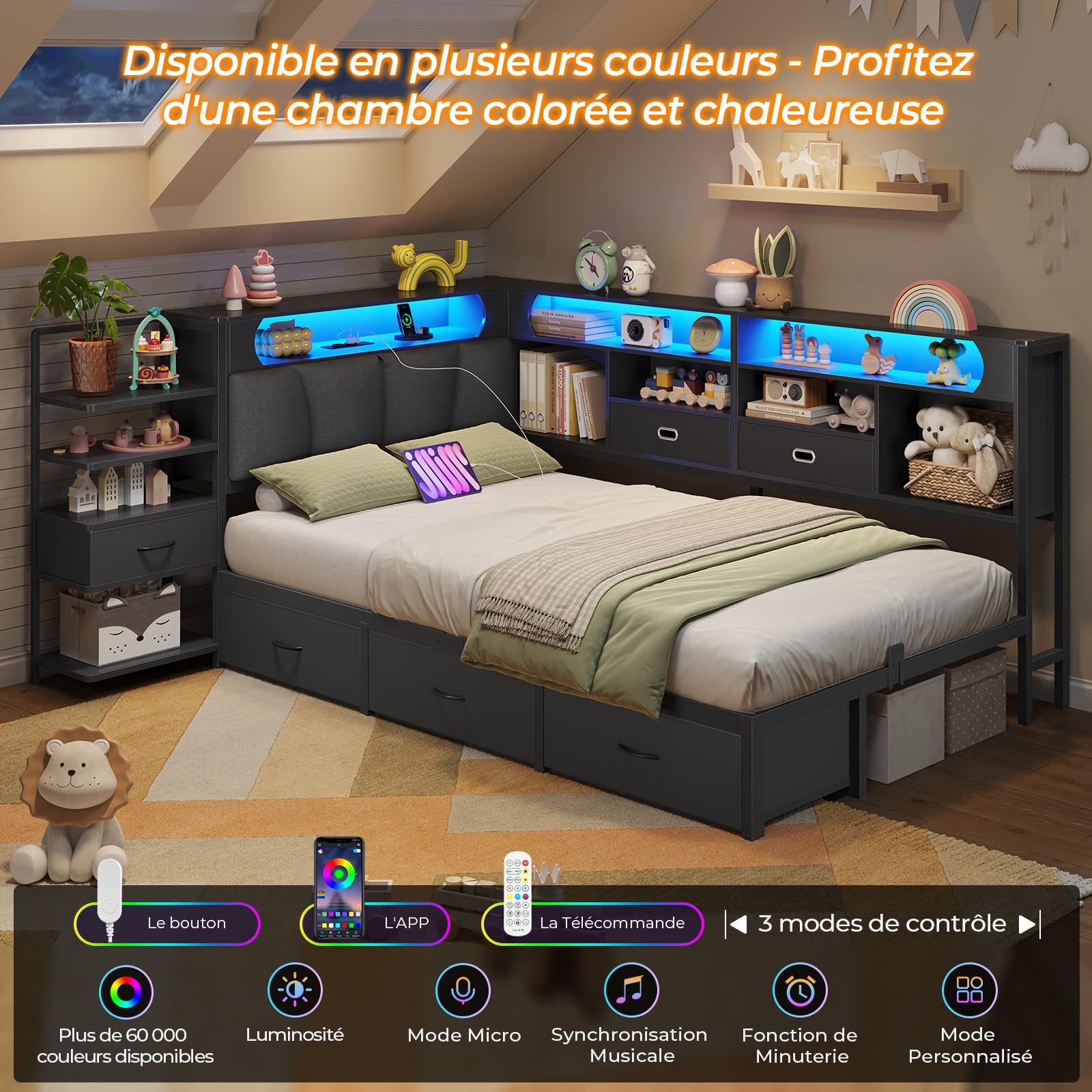 DICTAC Lit 90x190 en L – Banquette-Lit 1 Place avec Tête de Lit Capitonnée (Rangement Secret + Table de Nuit Intégrée), LED RGB & Recharge | Idéal pour Studio & Chambre (Noir)