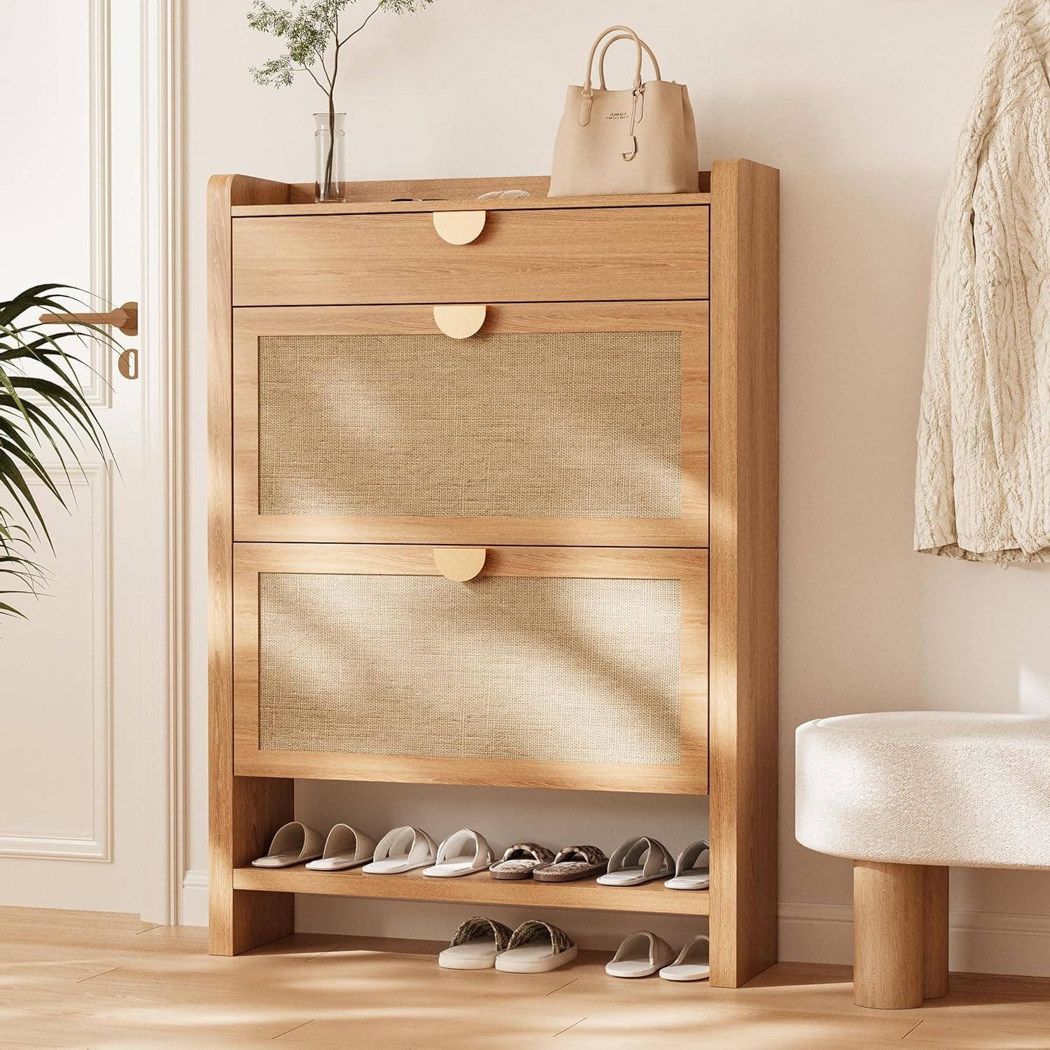 Rattan Shoe Storage Cabinet, Entryway Shoe Organizer with 2 Flip Drawers, Narrow Shoes Cabinet, Free Standing Hidden Shoe Storage, Shoe Rack for Entryway/Hallway/Front Door