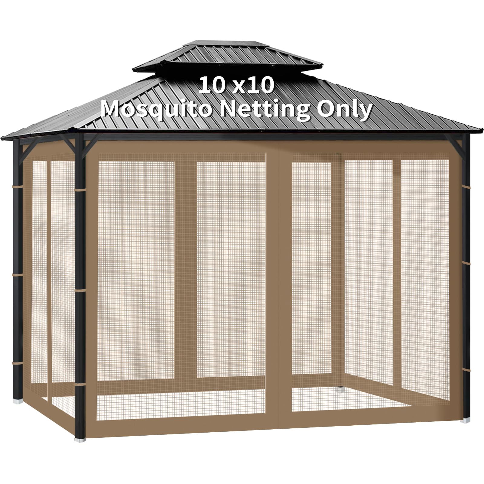 Mosquitera universal de repuesto para kiosco, pantalla de toldo para exteriores, 4 paneles de pared lateral, con cremalleras, fácil de instalar, se adapta a la mayoría de toldos, patios, caqui (10 x