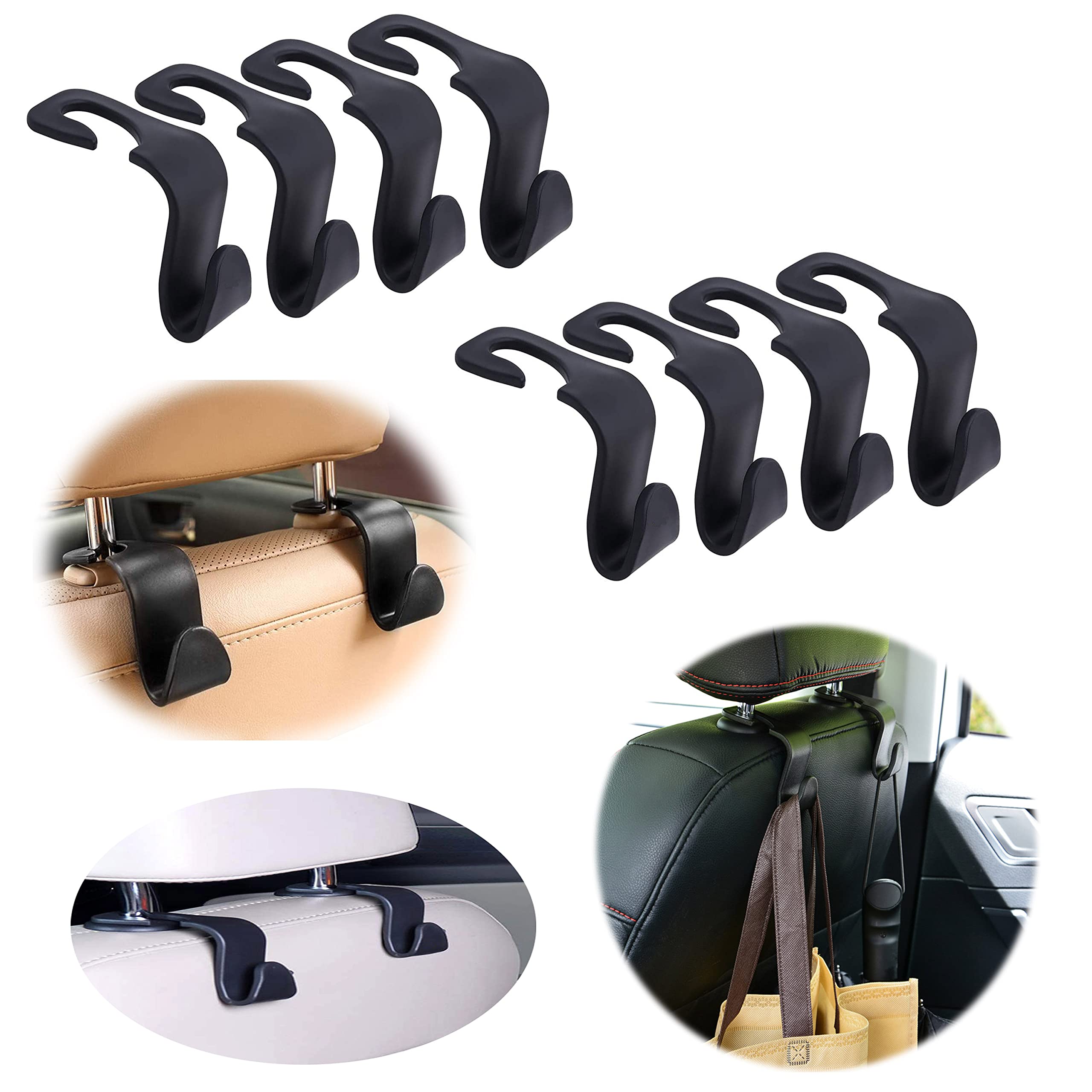 VniQ Car Backseat Head Rest Organizer Hook Hanger for Holding Handbag Coat Purse Bag Water Bottle Umbrellas Cap and More. Suitable for All car. (Black Pack of 08), Plastic