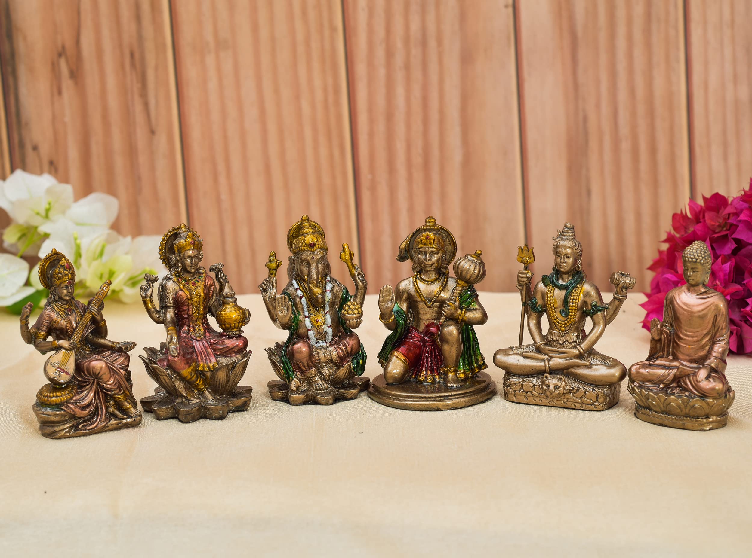 HNH CRAFTS Polyresin Combo Set of Laxmi Ji, Ganesh Ji, Hanuman Ji, Saraswati Ji, Gautam Buddha Ji, Bhagwan Shiv Shankar Ji Idols for Home Temple Religious Sculpture (3x2 Inches Each Idol)
