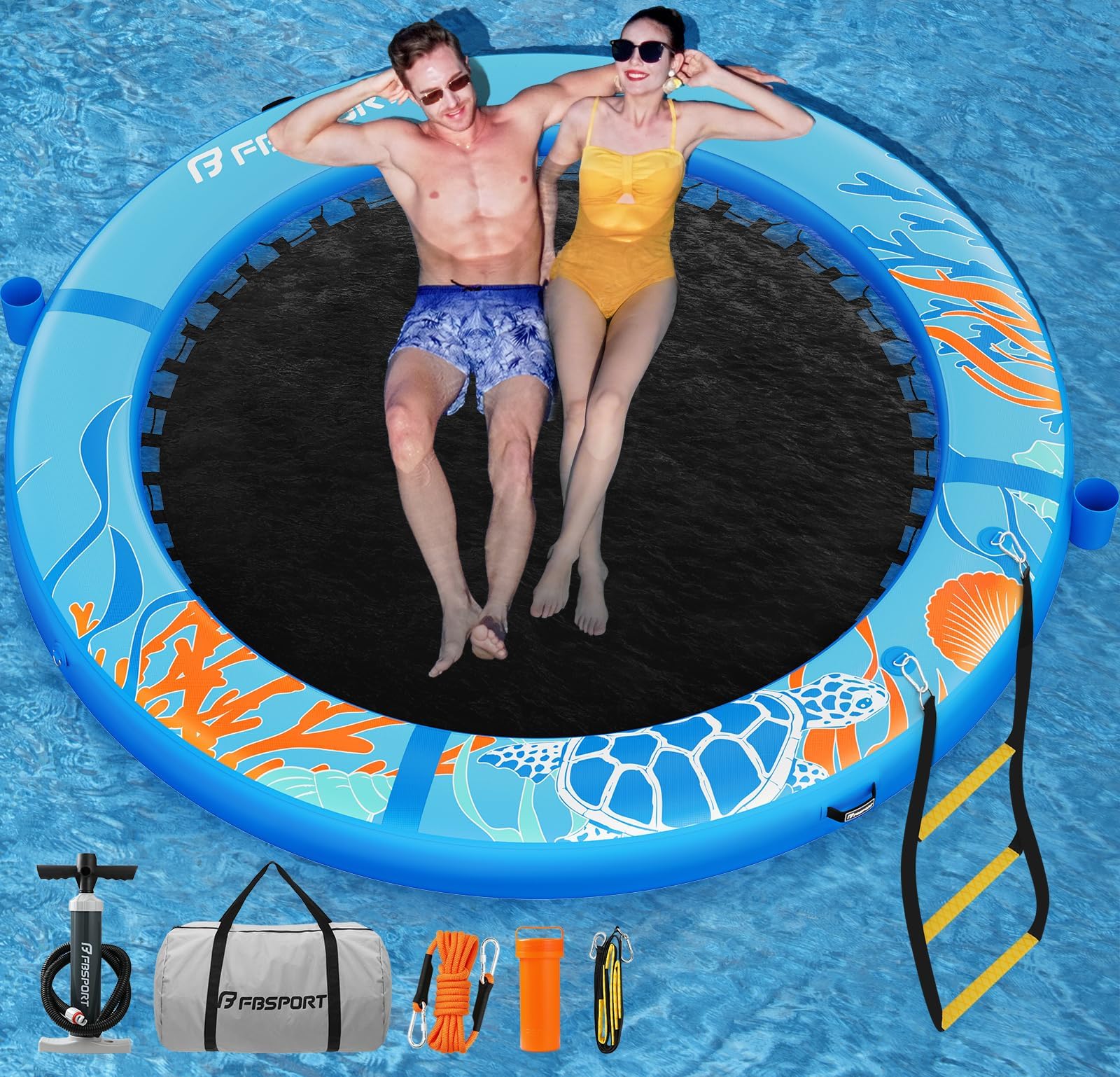 FBSPORT Inflatable Water Hammock Round Floating Ring for Adults | 8/10FT Floating dock platform with 2 cup holders, pool floats for adult, tanning pool raft for lake & beach